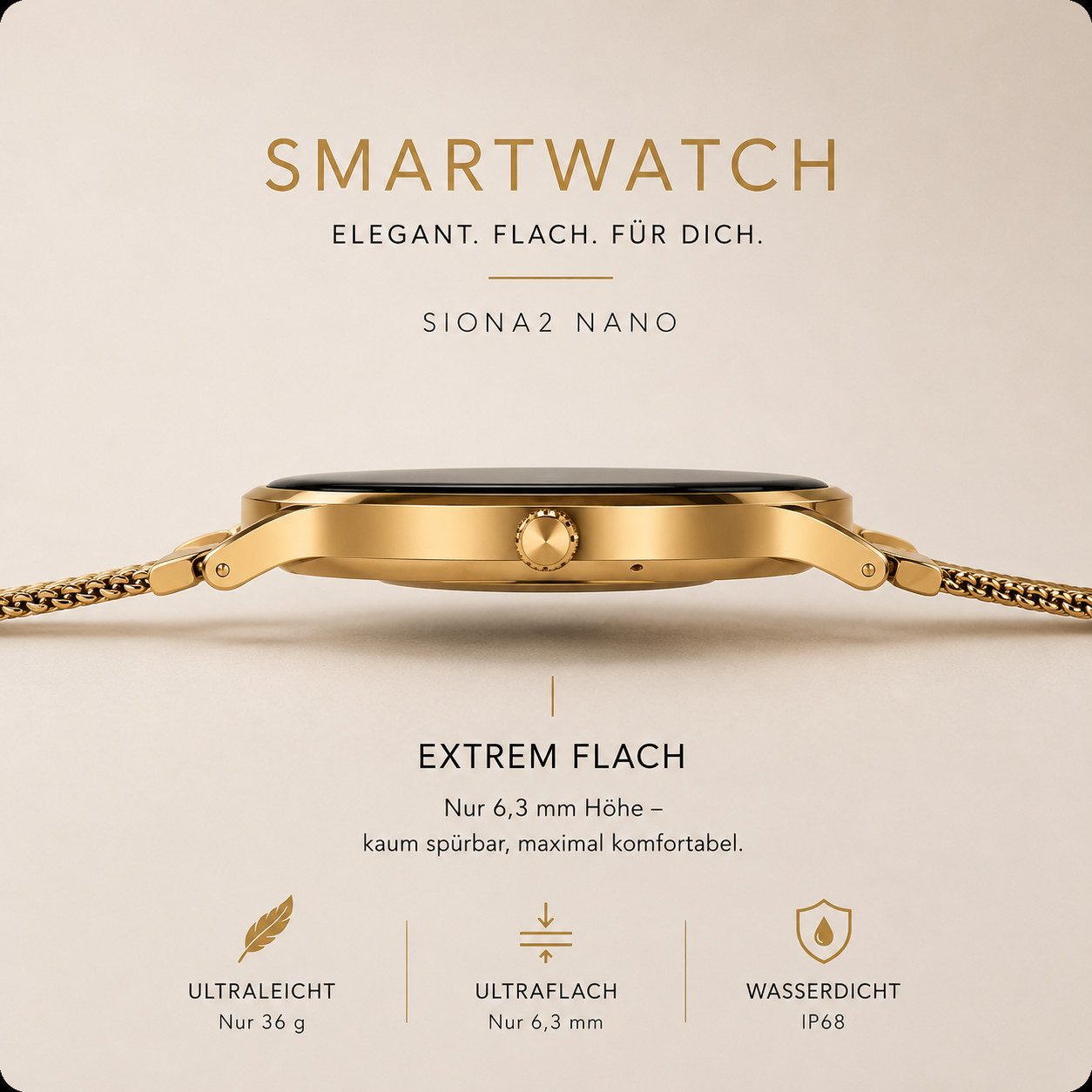 XCOAST SIONA 2 Damen Smartwatch (4,2 cm/1,3 Zoll, iOS Android) classic gold, Fitness Tracker, AMOLED, Blutsauerstoffmesser, 3-tlg., neueste Generation, Wasserdicht, ultra flach, Puls, Blutdruck, brillante Farben
