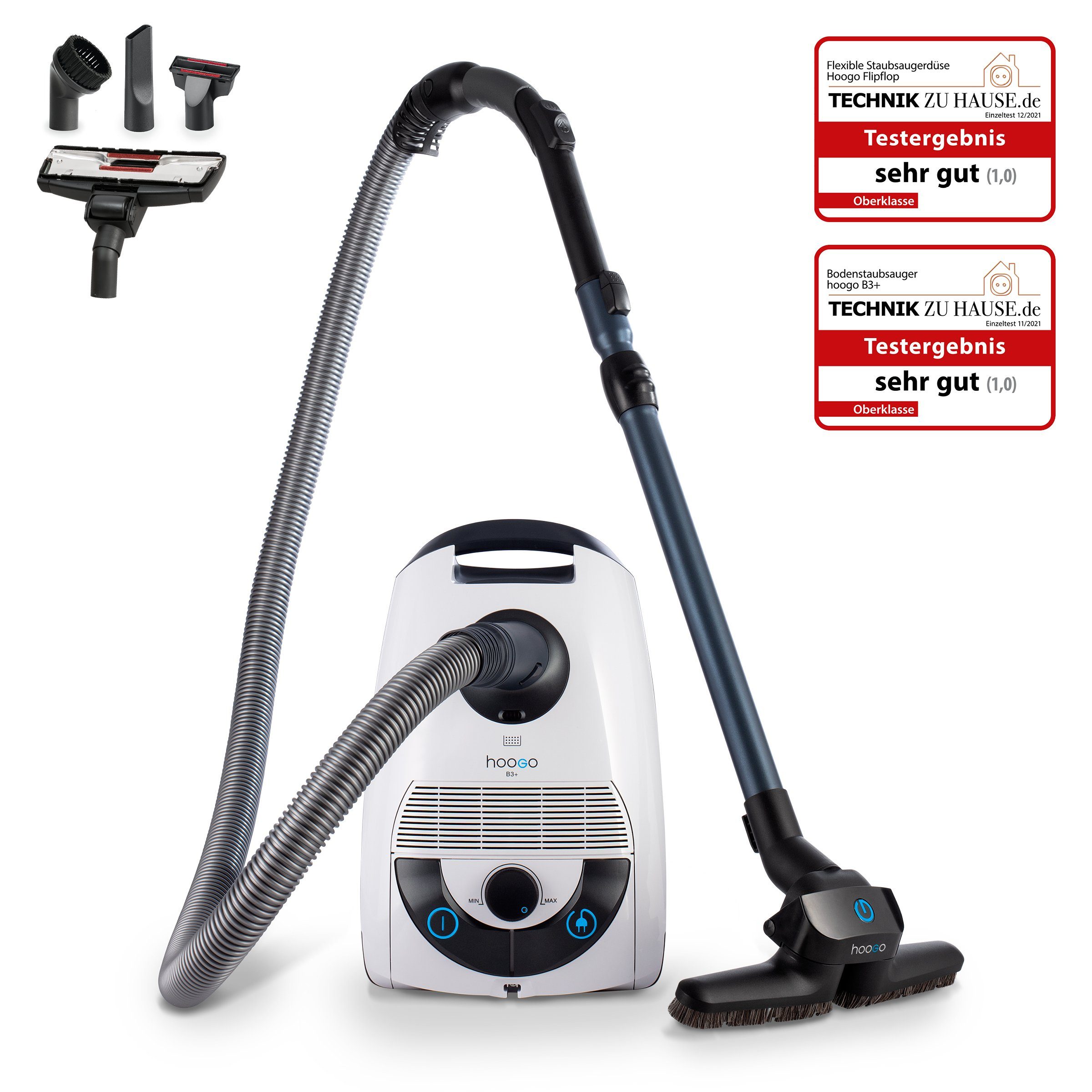 Bild von hoogo Bodenstaubsauger B3+ flipflop mit High-End Leichtlaufdüse und flipflop-Düse, 850,00 W, mit Beutel, HEPA-14-Filter, ideal für Allergiker, saugt Milben und Pollen