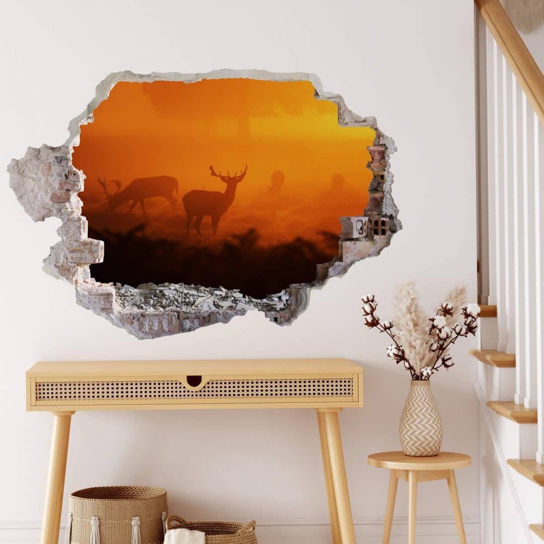 K&L Wall Art Wandtattoo 3D Wandtattoo Hirsche im Sonnenuntergang Waldtiere Reh Geweih, Traumhafte Wandsticker selbstklebend, hergestellt in Berlin