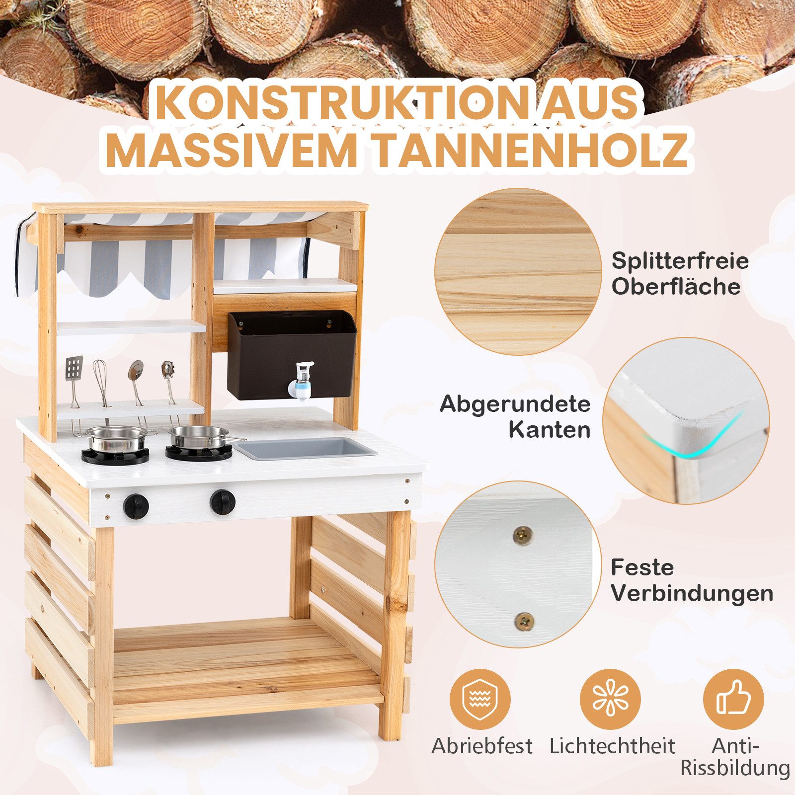 COSTWAY Spielküche, 2 in 1 Kinderküche aus Holz mit Wasserhahn