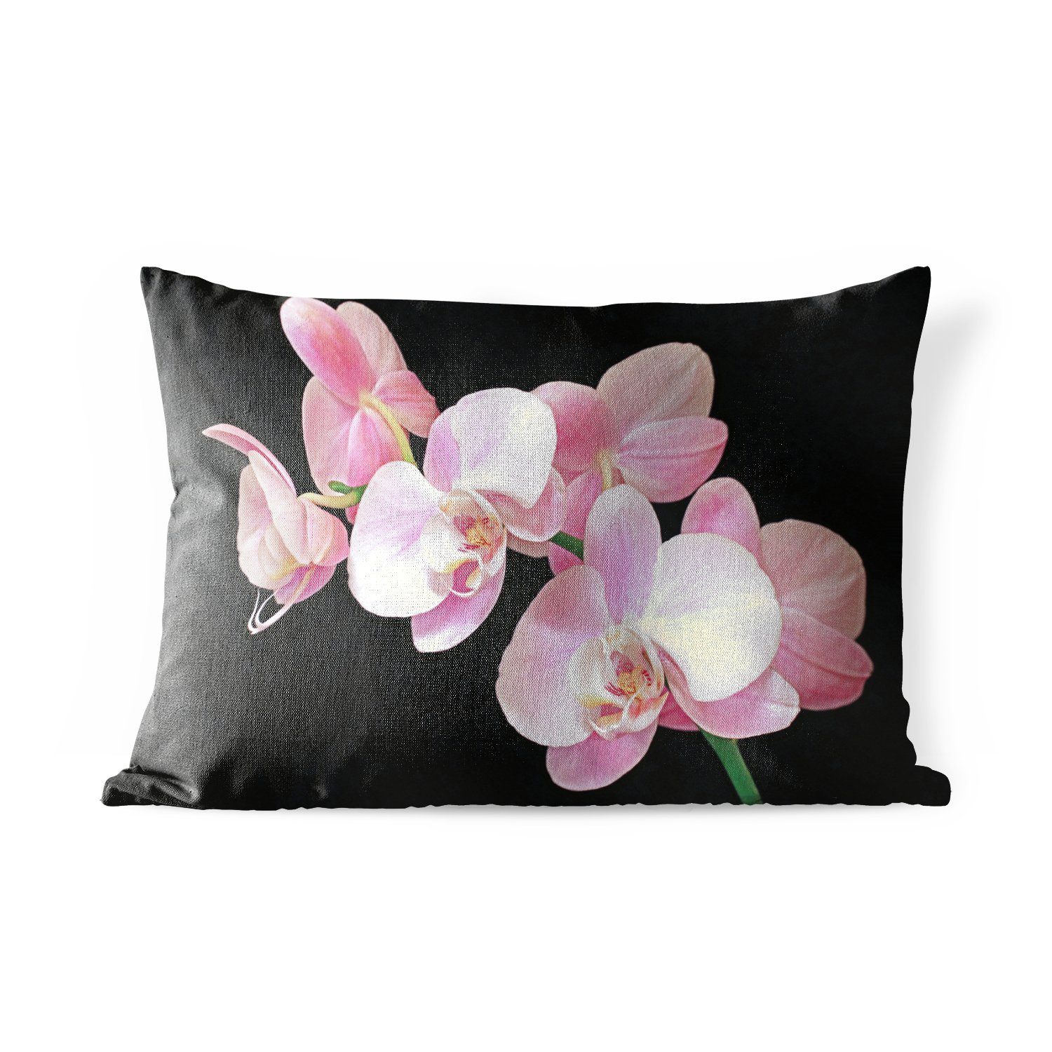 MuchoWow Dekokissen Eine Nahaufnahme von rosa Orchideen auf einem schwarzen Hintergrund, Outdoor-Dekorationskissen, Polyester, Dekokissenbezug, Kissenhülle