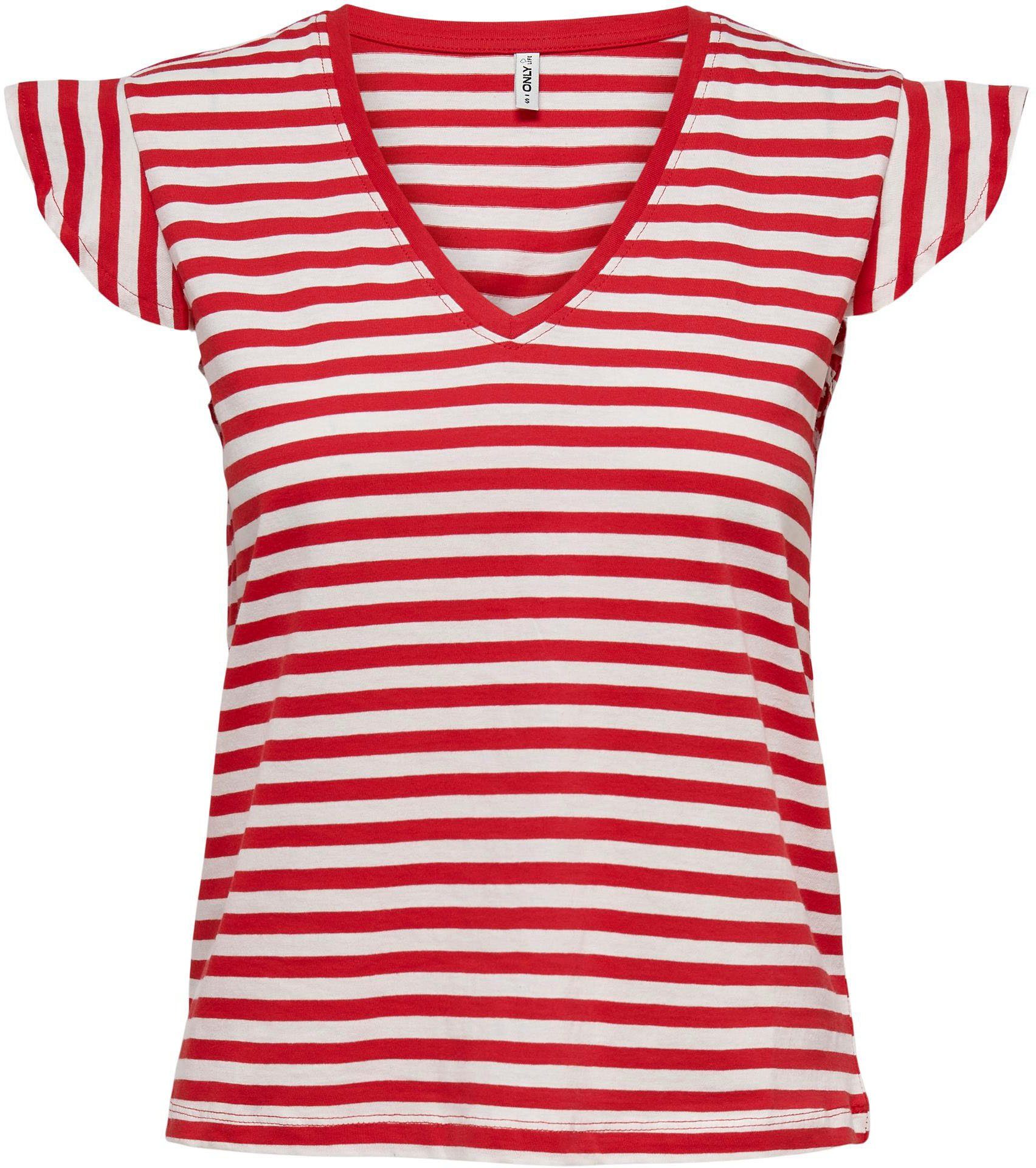 ONLMAY V-NECK Red TOP FRILL Stripes:Cloud S/S ONLY dancer Urban V-Shirt