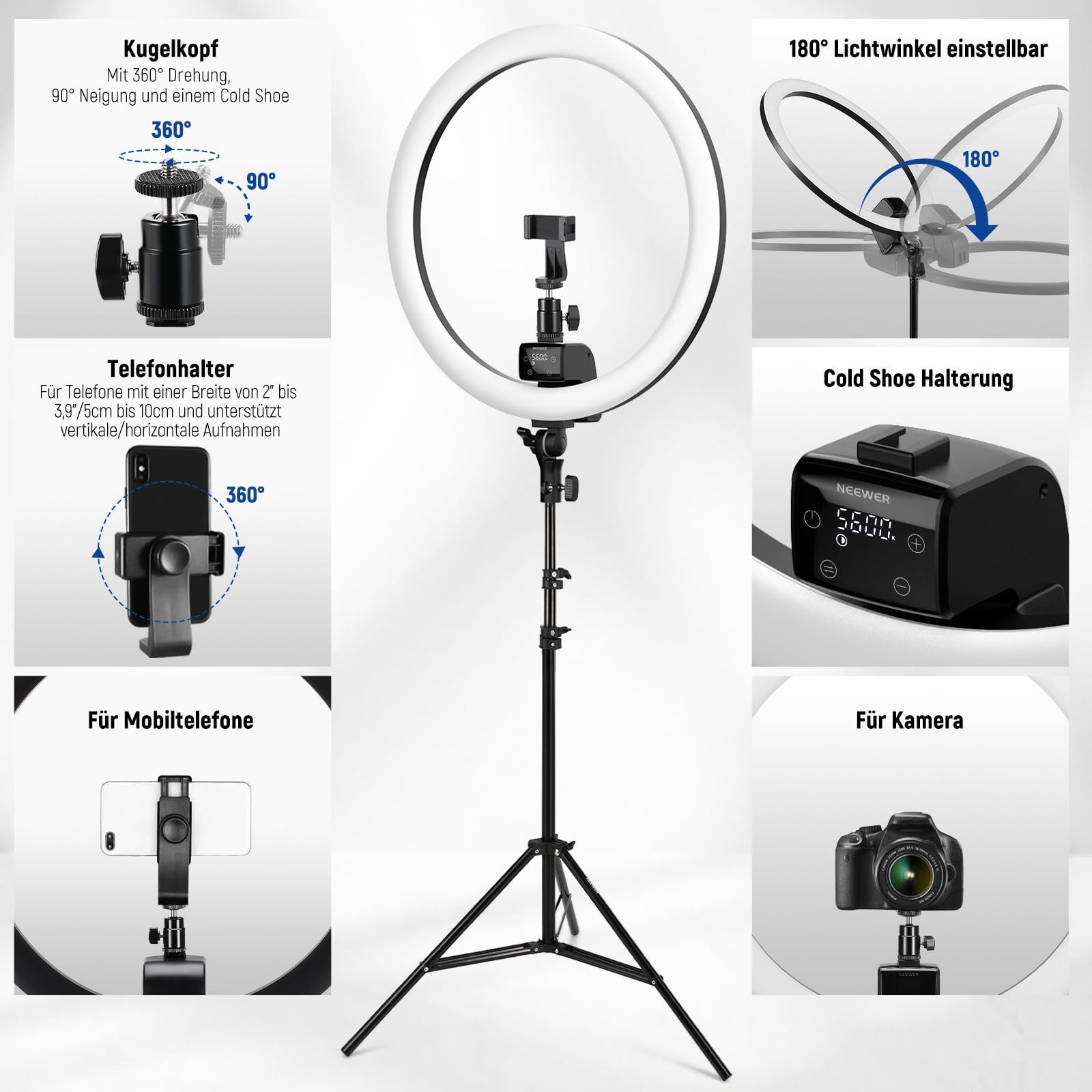 Neewer Ringlicht 18" Ringlicht mit Ständer und Telefonhalter, 2,4G & Touch Control, SRP18-2,4G 42W 3200-5600K für Tattoo Wimpern Friseur Fotografie – Bild 5 von 5