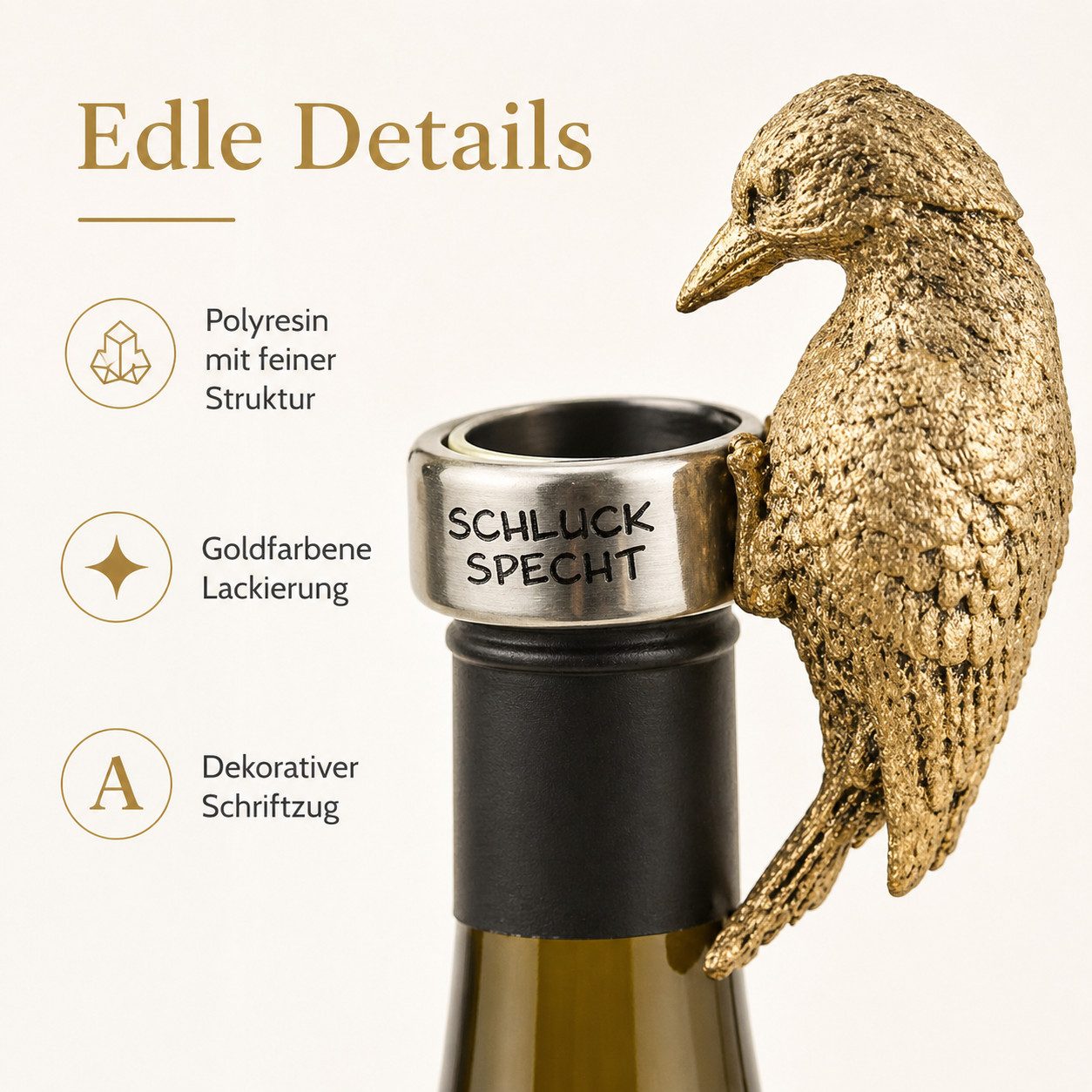 Gehlmann Flaschenverschluss Flaschenring Specht Gold - Schluckspecht