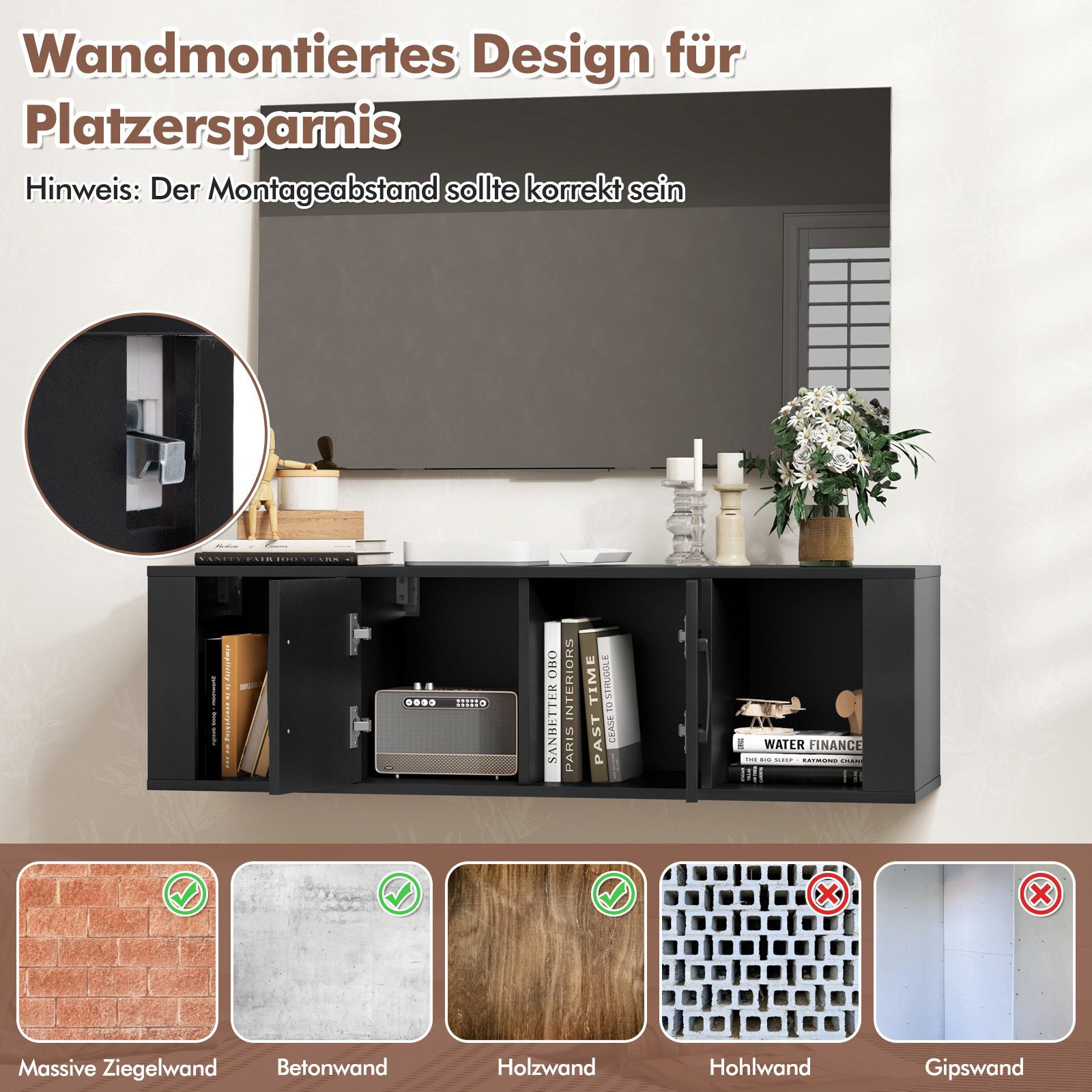 COSTWAY Hängeschrank mit 4 Fächern & 2 Türen Lowboard für Fernseher, 108cm