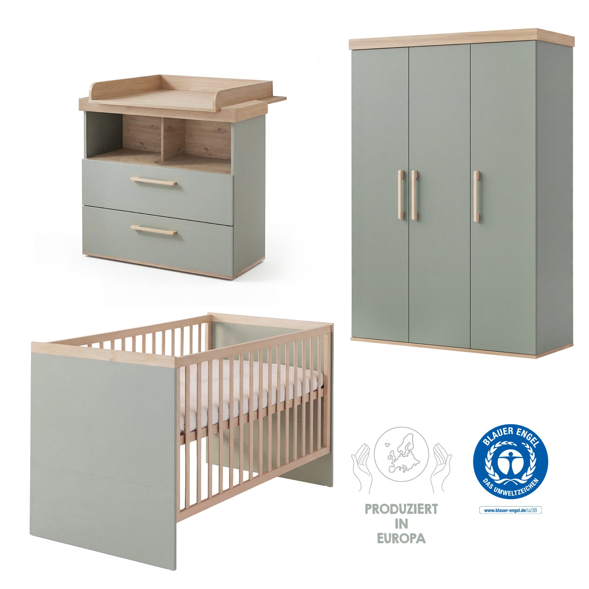 roba® Babyzimmer-Komplettset Jimmy - 3-teiliges Komplettzimmer - MADE IN EUROPE, (Set, Babybett 70 x 140 cm, Wickelkommode Schublade & Fach, Kleiderschrank), aus Holz - Klassisches Design - moderne Farben - Kinderzimmer Set