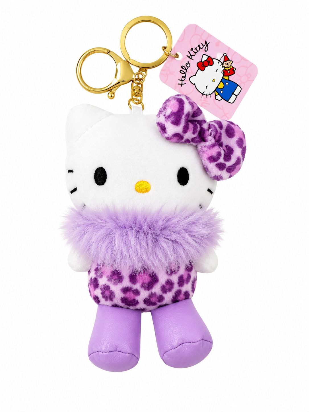 SANRIO Plüschanhänger Hello Kitty Bagclip Kuscheltier Plüsch lila Schlüsselanhänger 10cm (Set, 1-St., Plüschtier mit Anhänger), Weicher Taschenanhänger mit Leo-Design, Clip und Schlüsselring