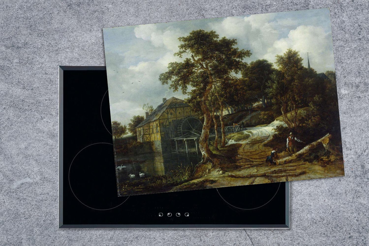 70x52 Gemälde mit - von (1 Ceranfeldabdeckung Arbeitsfläche Jacob Vinyl, van Mobile nutzbar, cm, Wassermühle MuchoWow Landschaft tlg), Ruisdael, Herdblende-/Abdeckplatte