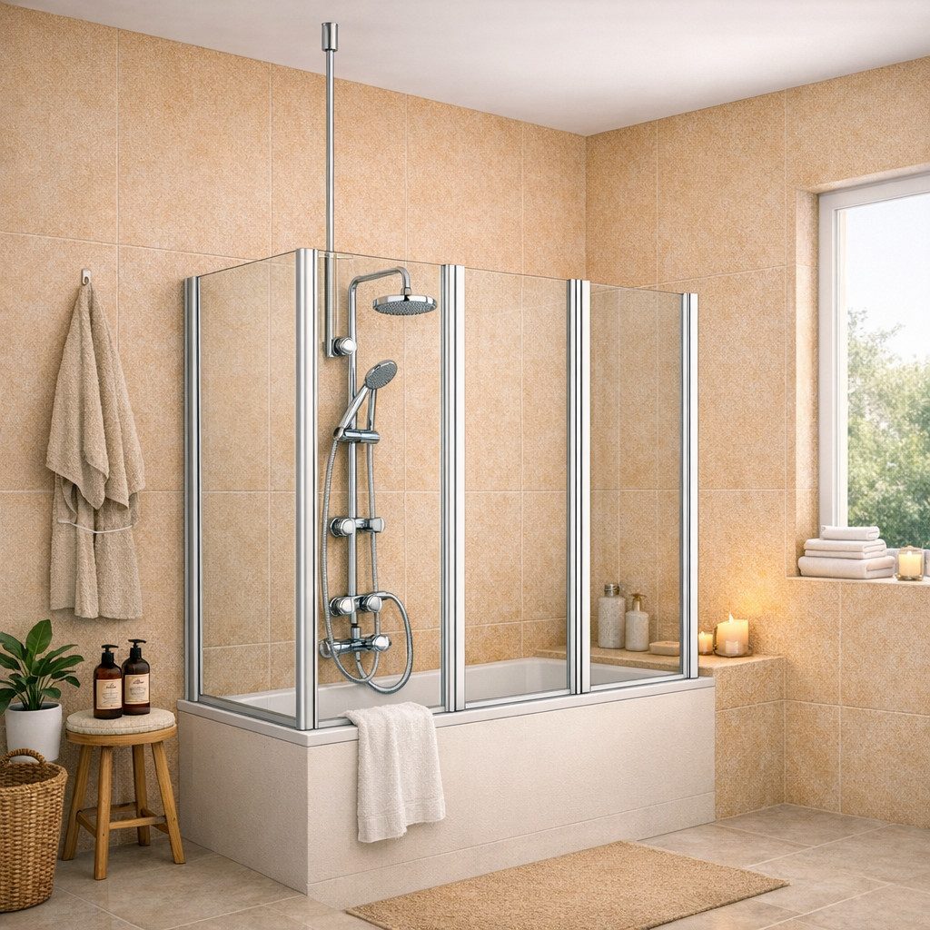 welltime Badewannenaufsatz Summer 3-teilig + feste Seitewand, Einscheibensicherheitsglas, (4 tlg), Deckenhöhe bis 240cm geeignet, Glaswand bestehend aus vier Elementen