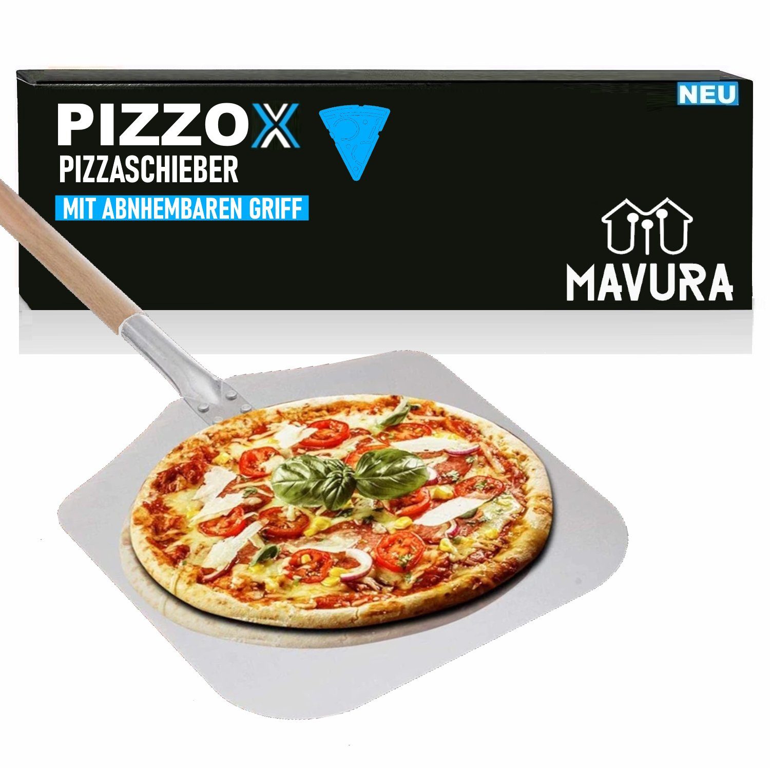 MAVURA Pizzaschieber PIZZOX Premium Pizzaschaufel mit abnehmbarem Griff aus Buchenholz, Edelstahl Pizza Schieber stabiles Gewinde & robuster Holzstab | Pizzaschneider