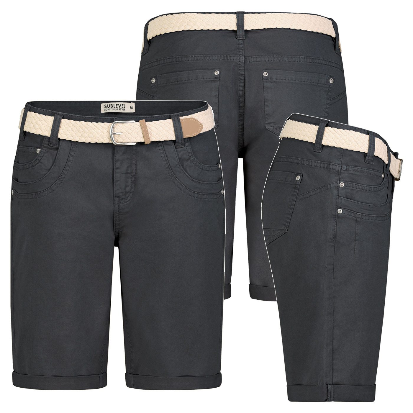 SUBLEVEL Bermudas Damen Short Bermuda kurze Hose Sommer Chino Short Stoff Hose Gürtel