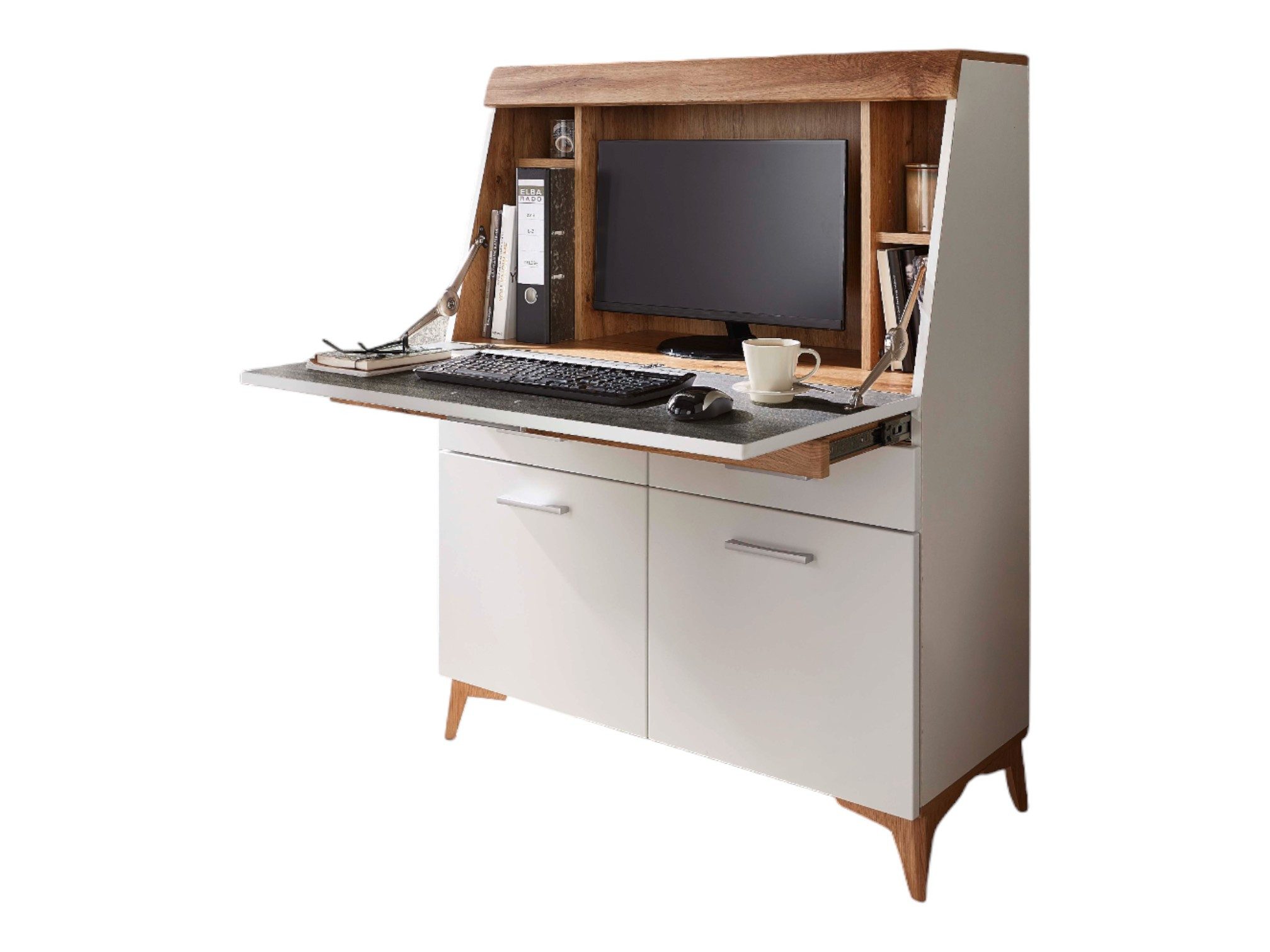 moebel-dich-auf Sekretär SANTORIN (Schreibsekretär Klappensekretär Schreibtisch Kommode, 1 St., 1 Klappe, 2 Schubkästen, 2 Türen), mit Soft-Close-Funktion, in weiß / Eiche Altholz