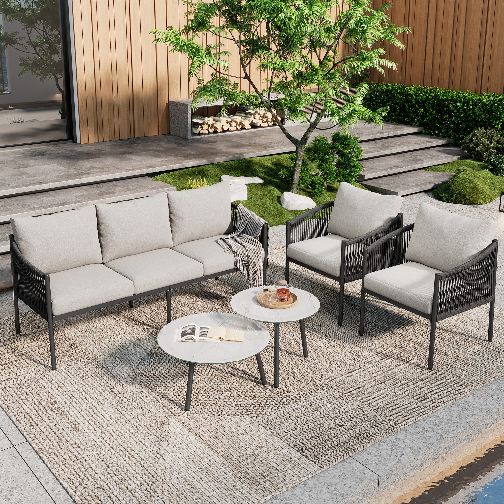 Flieks Gartenlounge-Set, 5-Sitzer Gartenmöbel-Set aus Seil günstig online kaufen