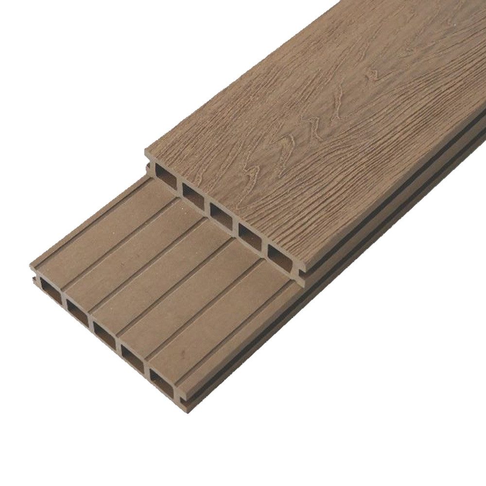 Woodstore24 Terrassendielen WPC Hohlkammerdiele 25 mm 3D-Holzoptik braun, 5-Kammer, geriffelt, 5 m², BxL: je 14,5x240 cm, 25 mm Stärke, (Set, 14-St., Bodenbelag Komplettset mit Unterkonstruktion), Komplettset, Unterkonstruktion, Holzoptik, wetterfest, rutschfest