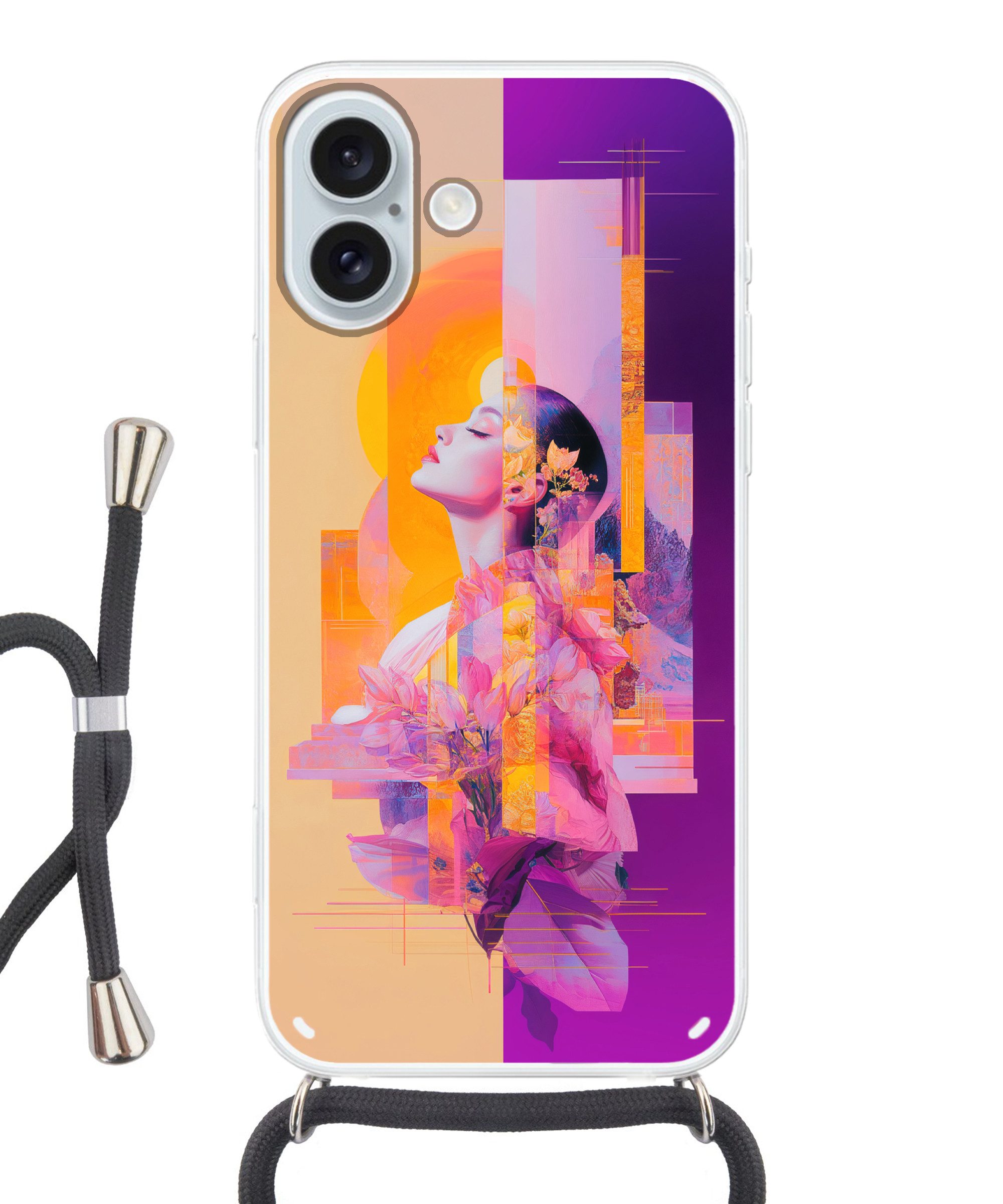 MuchoWow Handyhülle für Apple iPhone 16 Plus Abstrakt - Porträt - Frau - Farbenfroh, Tragbare Handyhüllen mit Kette zum umhängen, Handykette Handyband