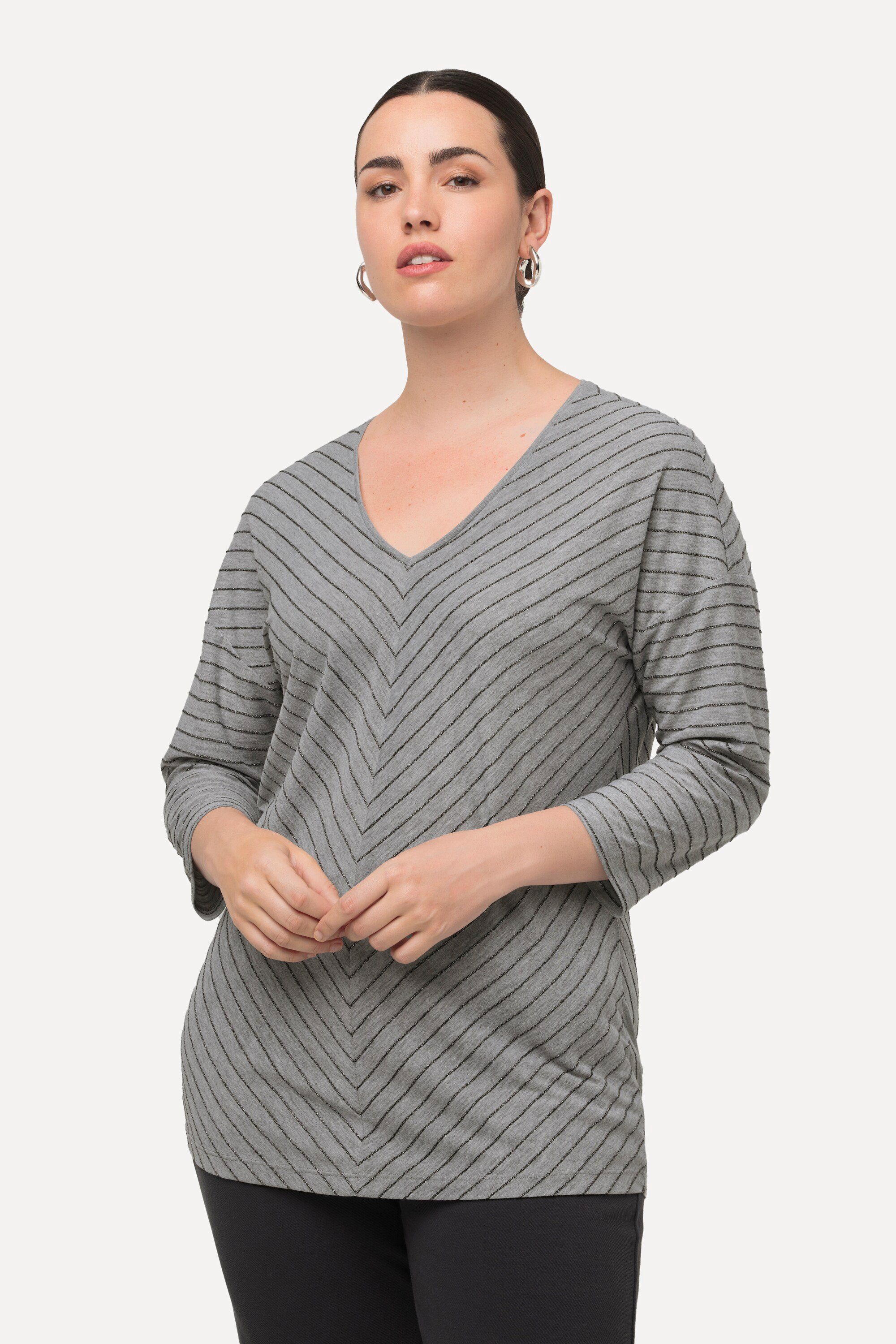Ulla V-Ausschnitt Metallic-Streifen Shirt Popken Longsleeve 3/4-Arm