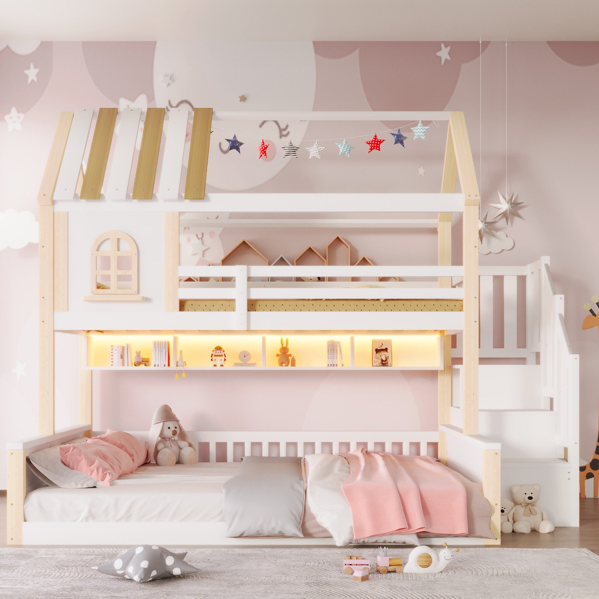 Merax Etagenbett 90x200cm/140x200cm mit LED-Beleuchtung, Stockbett im Hausdesign (Jugendbett Doppelbett, 1-St), Massivholz Kinderbett mit Stauraumtreppe, Regal, Staufächer & Stauraum