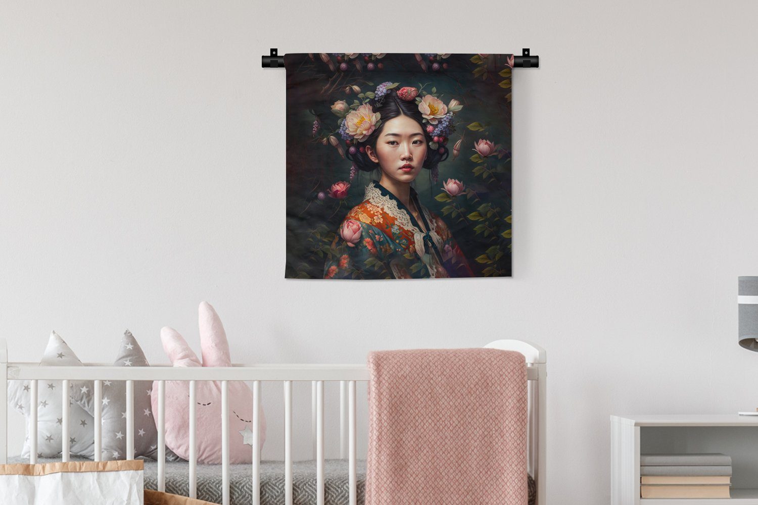MuchoWow Wanddekoobjekt Frau - Blumen - Kleid, - Kimono Kinderzimmer Wanddeko für Wandbehang, Wohnzimmer, - Asiatisch, Porträt Schlafzimmer
