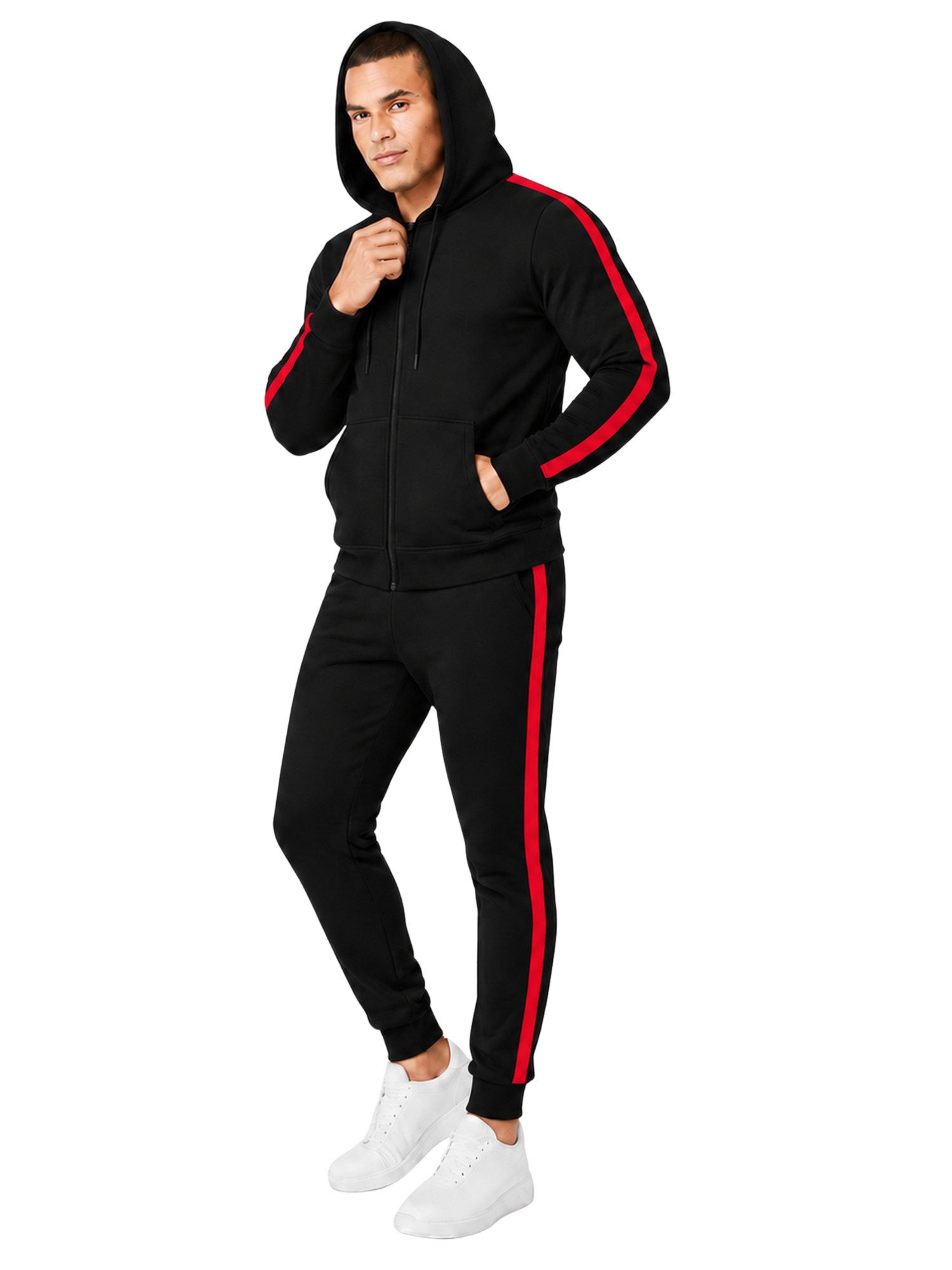 L.gonline Freizeitanzug Herren Jogginganzug zweifarbig sportlich mit Streifen, 526 (Kapuzenjacke mit Reißverschluss, Hose, 2-tlg), Fitness Freizeit Casual – Bild 4 von 5