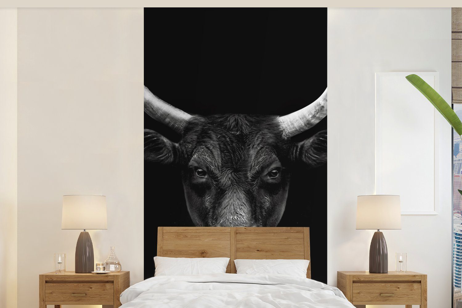 MuchoWow Fototapete Tiere - Stier - Schwarz - Weiß - Porträt, Matt, bedruckt, (2 St), Vliestapete für Wohnzimmer Schlafzimmer Küche, Fototapete