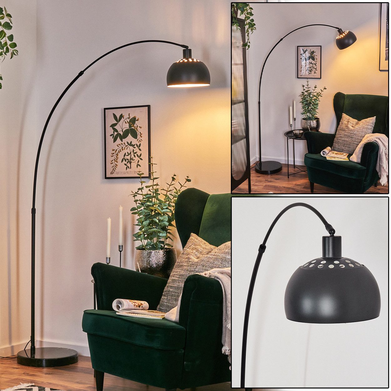 Bogenlampe Stehlampe aus Metall in Schwarz/Weiß mit Marmorfuß