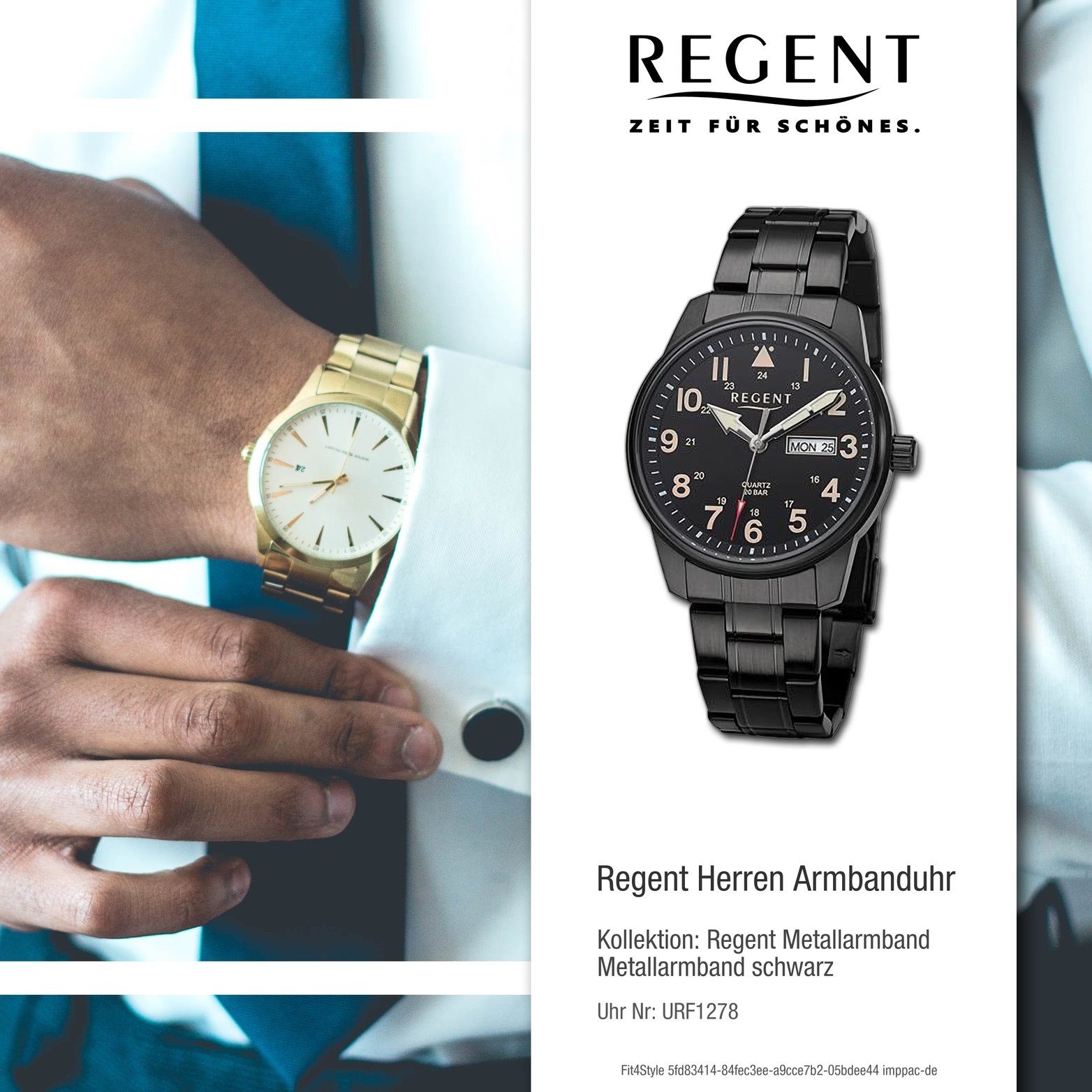 (40,5mm) Herrenuhr Metallarmband groß extra Armbanduhr Regent Quarzuhr schwarz, Regent Herren rundes Gehäuse, Analog,