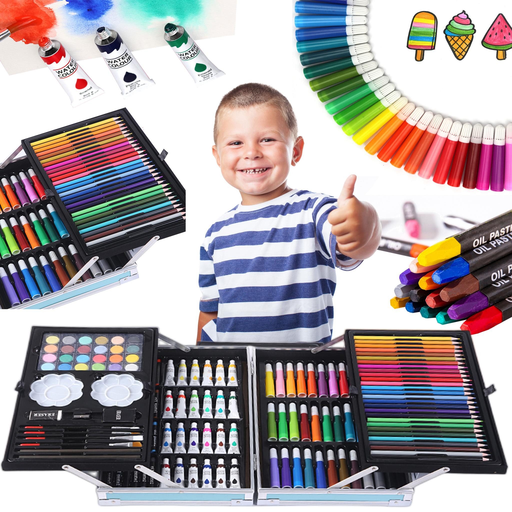 LA CUTE Malstift 145-teiliges Mal- und Zeichenkoffer-Set für Kinder & Erwachsene, (Künstlerbedarf-Set mit Buntstiften, Markern, Farben & Zubehör, Komplettes 145-teiliges Malset für kreative Künstler), 145-teiliges Malset mit Aluminiumkoffer – perfekt für Kinder