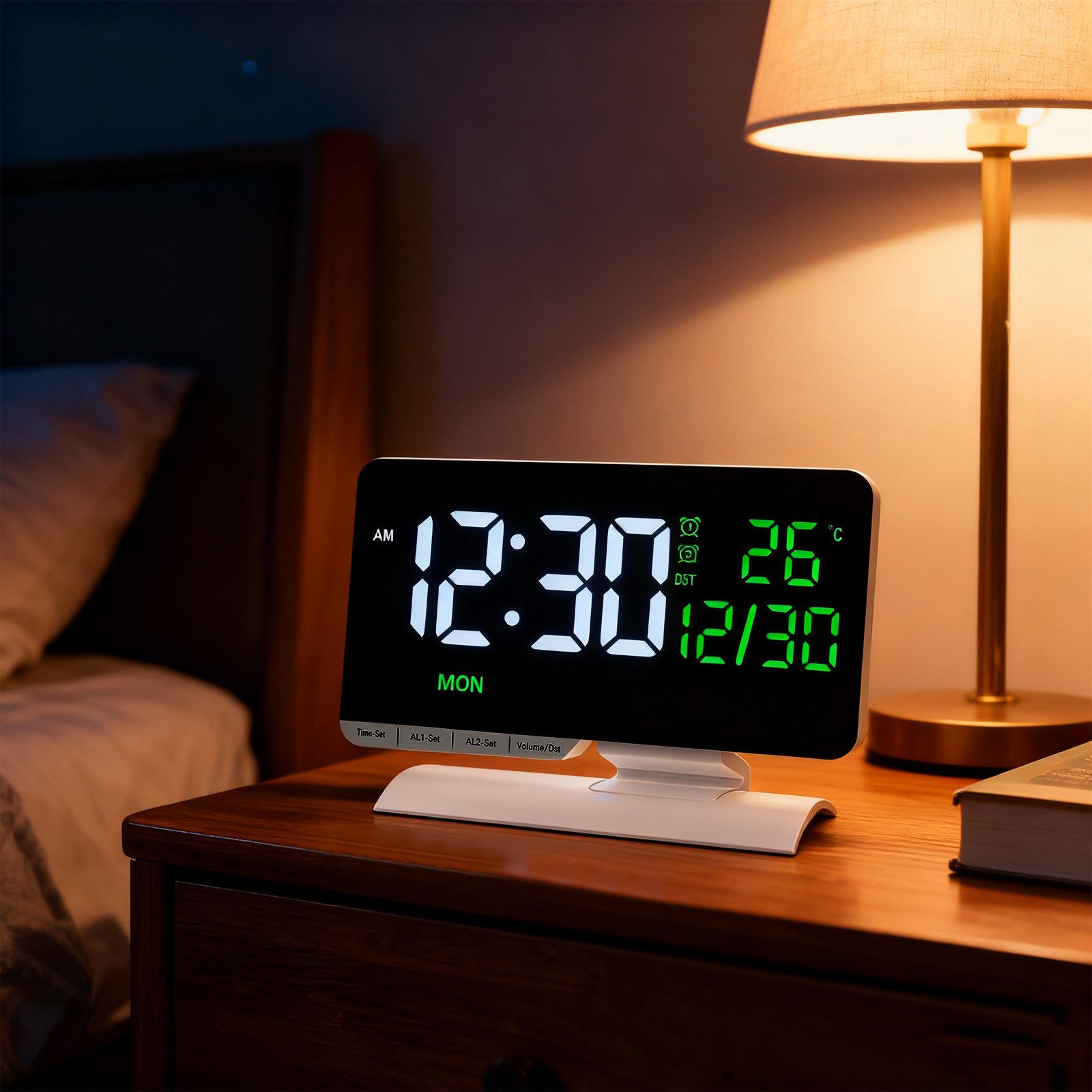 OKWISH Wecker Digitalwecker mit Kalender Tischwecker LED-Wecker Elektronische Uhr mit 7,3"LED-Display Doppelalarm Snooze Temperatur- und Kalenderanzeige