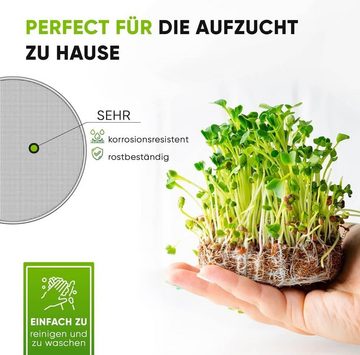 GreenEdge Kräutertopf Microgreens Kräuter-Pflanzset 5 Kräutersorten, Keimglas + Sieb (1 St., Aussaatschale Glas 14cm Edelstahl-Sieb 5x Kräutersamen)