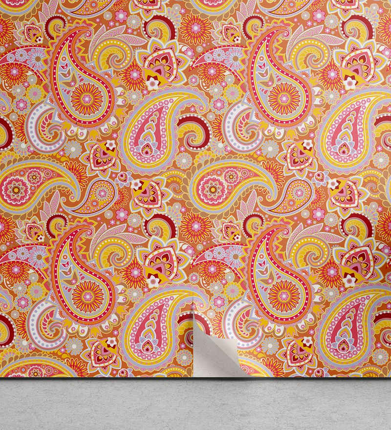 Abakuhaus Vinyltapete selbstklebendes Wohnzimmer Küchenakzent, Orange Paisley