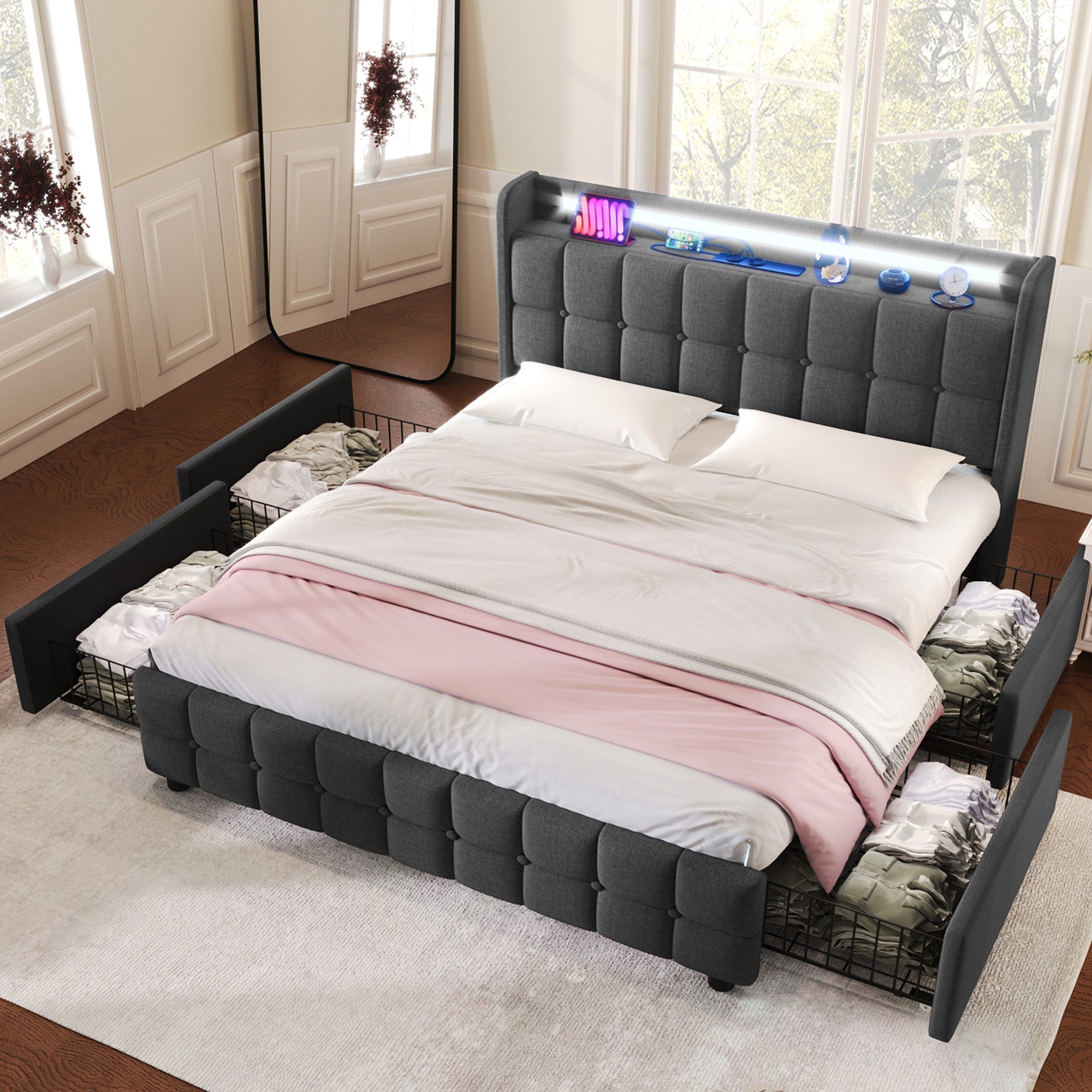 Flieks Polsterbett, LED-Beleuchtung Doppelbett 180x200cm mit Ladefunktion und 4 Schubladen