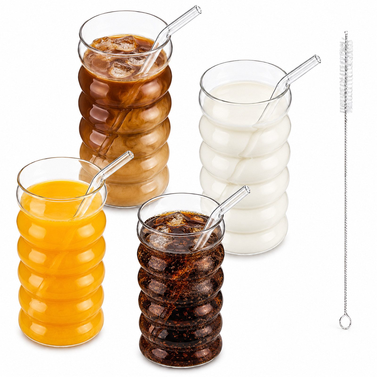 BlingBin Latte-Macchiato-Tasse Gerippte Trinkgläser Getränkegläser, Espressotassen Gläser Set, 4-tlg., Glas, Kaffeetassen Mit 4 Straws Für Cappuccino, Latte, Kaffee, Milch, 500ML