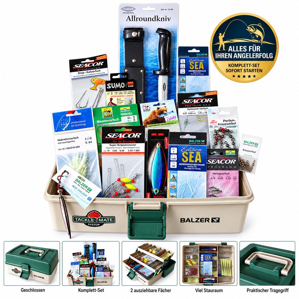 Balzer Angelkoffer Balzer Angelkoffer Zubehör-Set Meeresangeln Nordsee Ostsee (Umfangreiches Zubehör für erfolgreiches Angeln auf Plattfisch), Mit Vorfächern, Pilker, Blinkern, Wirbeln, Bleien und Zubehör