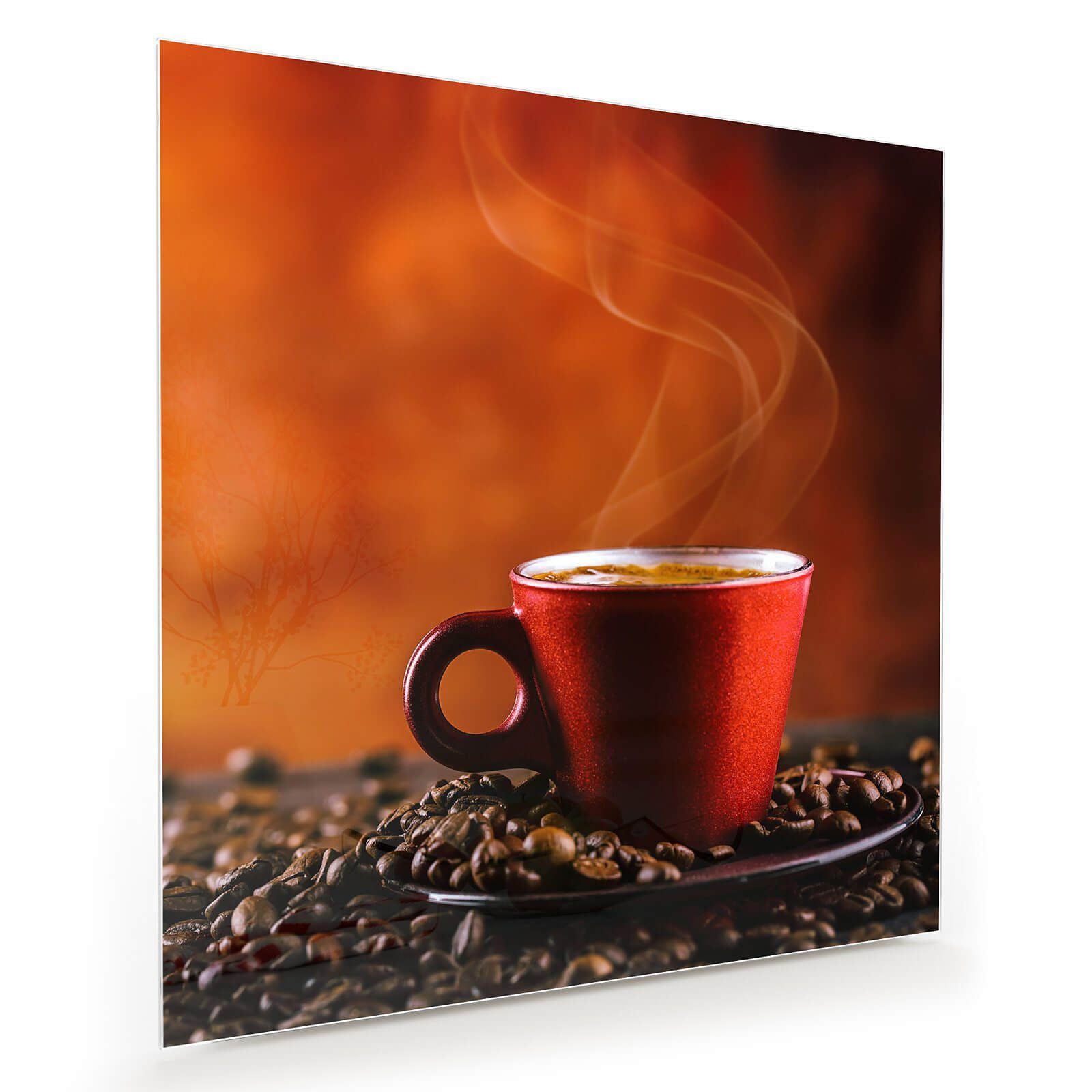 Glasbild Wandbild Quadratisch Kaffeebohnen und heisse Tasse mit Aufhängung