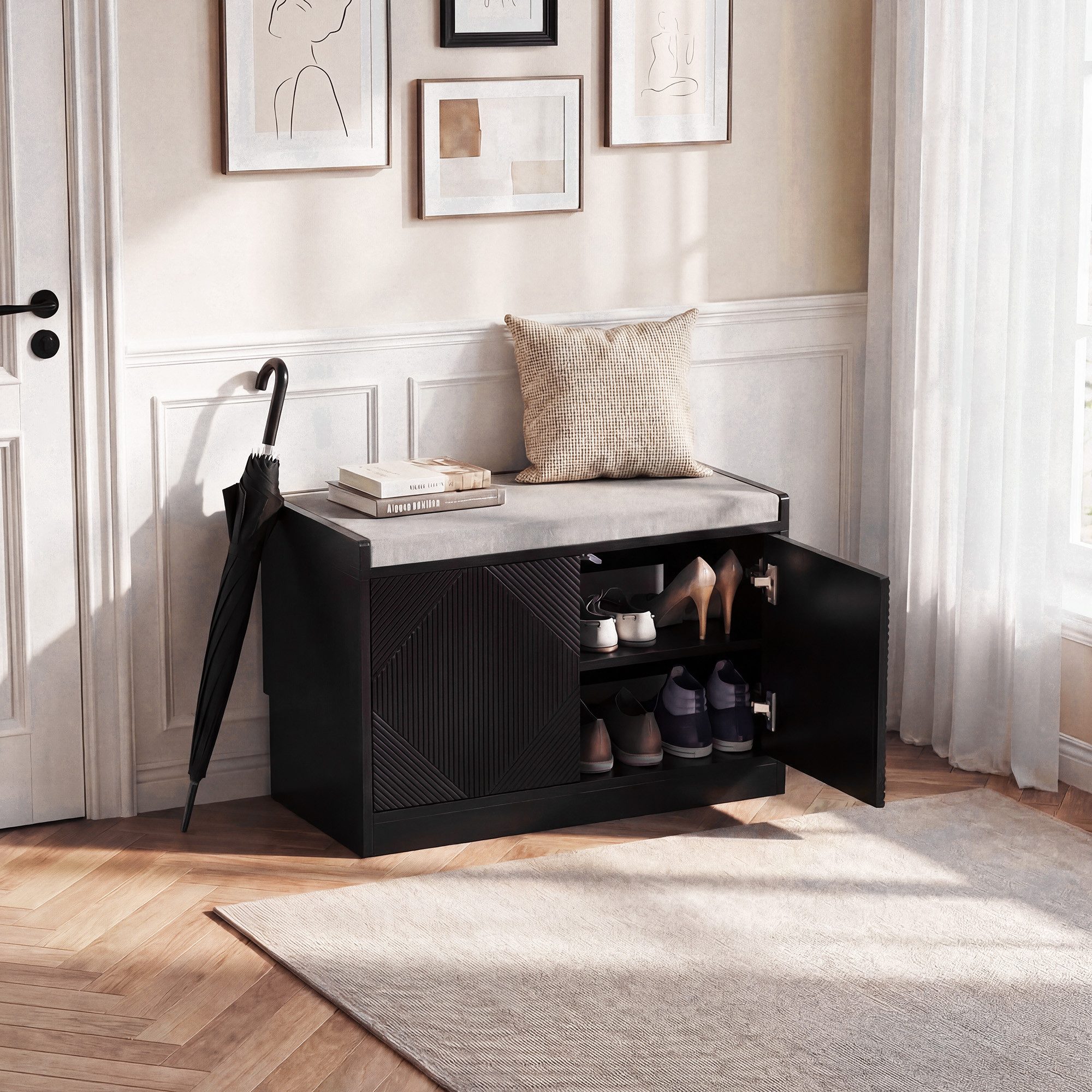 UEV Sitzbank Schuhbank mit Stauraum & Sitzkisssen (Schuhschrank für Wohnzimmer Schlafzimmer Flur, Sitzbank mit Klappe, Moka/Weiß/Schwarz), Schuhregal Schuhkommode für Wohnzimmer Schlafzimmer Flur