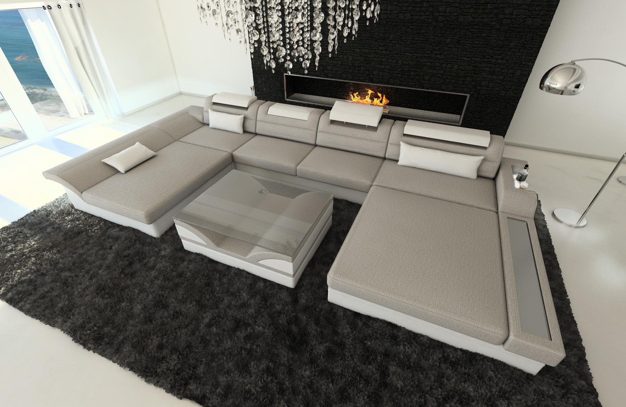 Sofa Wohnlandschaft Form H2 Bettfunktion, U Stoff Stoffsofa, Monza Dreams Polster mit Couch Designersofa Macchiato-Weiss LED, ausziehbare