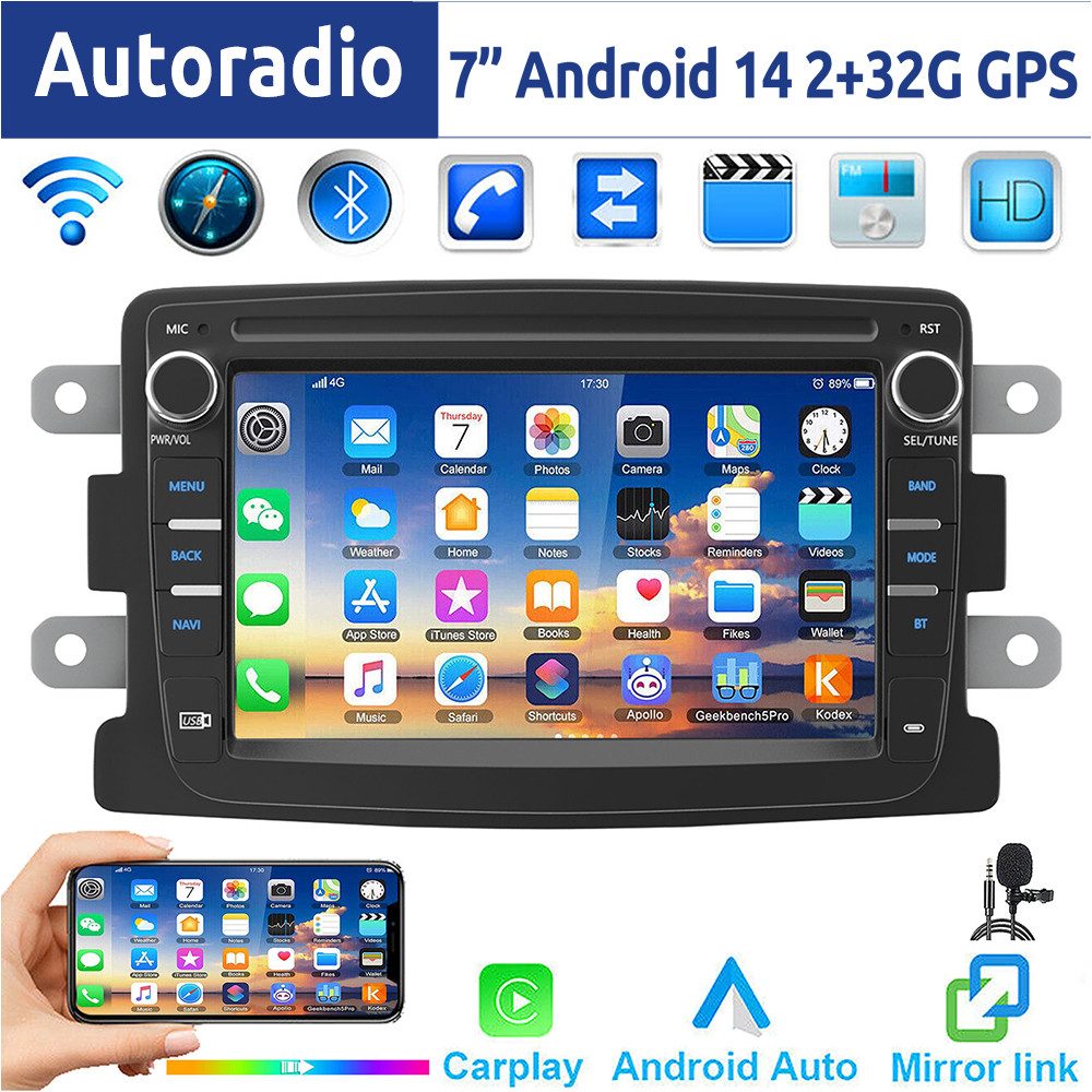 ESSGOO 7" Android 14 Für Renault Captur Dacia Duster Dokker Logan Sandero Autoradio (DAB+ (optional), FM, RDS, 2+64GB(optional), GPS Navi Carplay Android Auto Bluetooth EQ USB WIFI Touchscreen SWC)