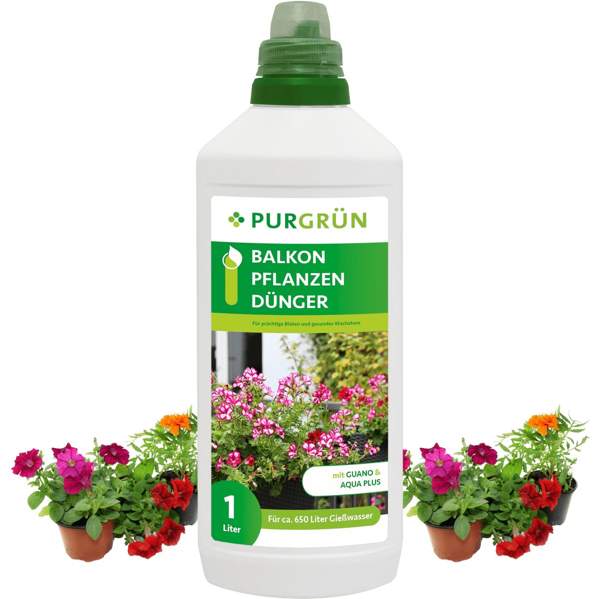 Universaldünger Purgrün Balkonpflanzen Dünger, NPK 8+8+6, Guano, Aqua Plus, 1 Liter