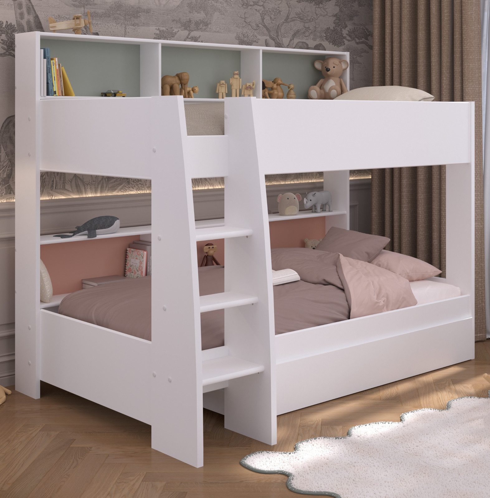 Parisot Etagenbett Leo (Kinder Hochbett in Weiß, 2x 90x200 cm), kein Lattenrost erforderlich
