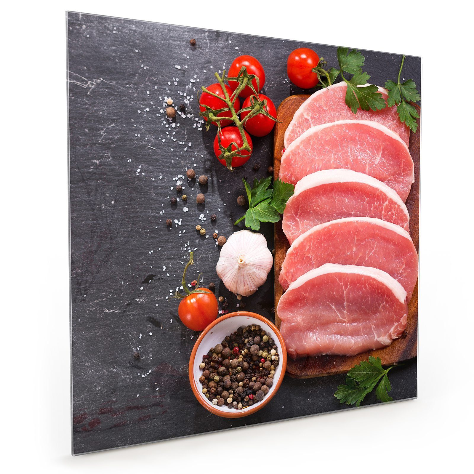 Primedeco Küchenrückwand Küchenrückwand Spritzschutz Glas mit Motiv Schweinefleisch und Gemüse
