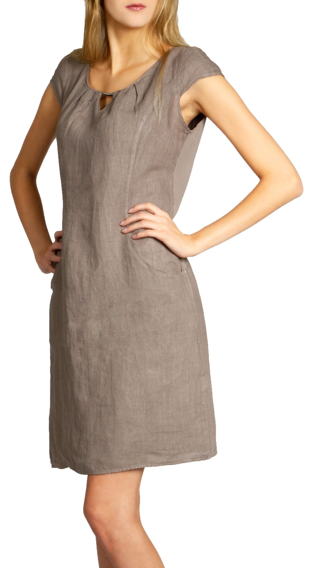 Caspar Sommerkleid SKL020 knielanges Damen Sommer Leinenkleid mit eleganter Metallspange Luftig leicht, figurumspielende Form, mit seitlichem Jersey-Einsatz