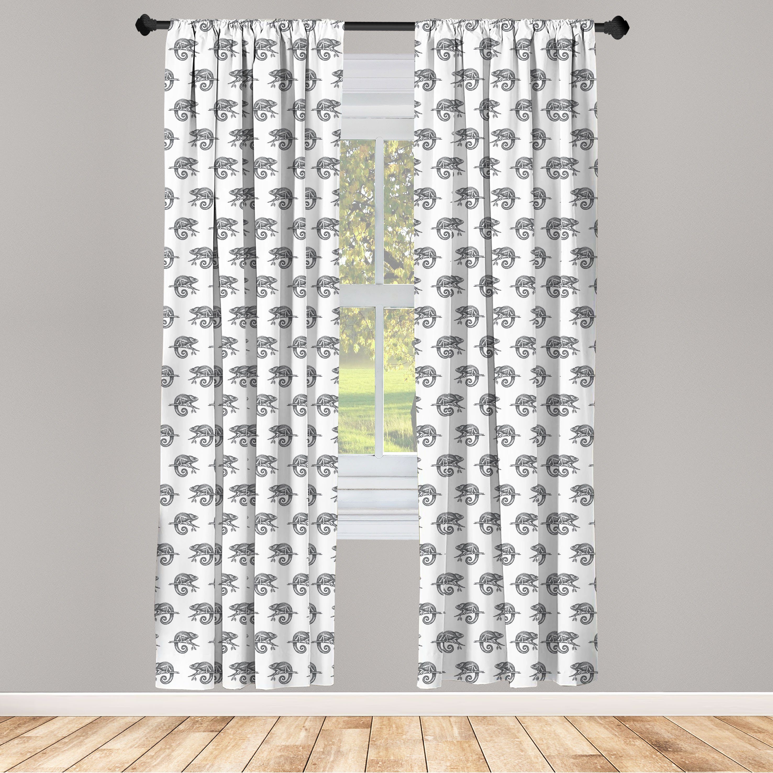 Gardine Vorhang für Wohnzimmer Schlafzimmer Dekor, Abakuhaus, Microfaser, Reptil Graustufen- Chamäleon Kunst | Fertiggardinen