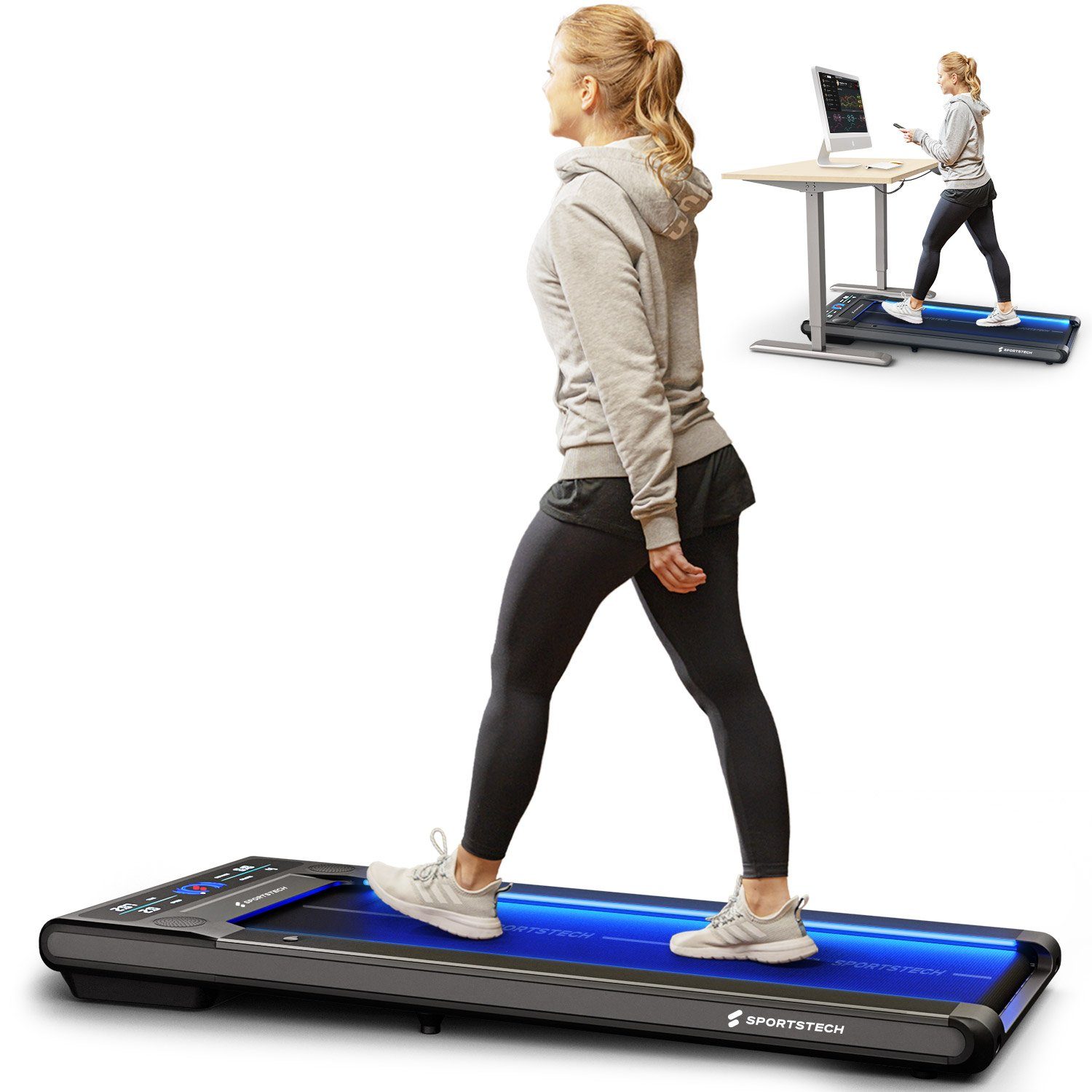 Sportstech Laufband sWalk, 1-6 km/h mit LED, interaktivem LCD-Display & App Verbindung Grau