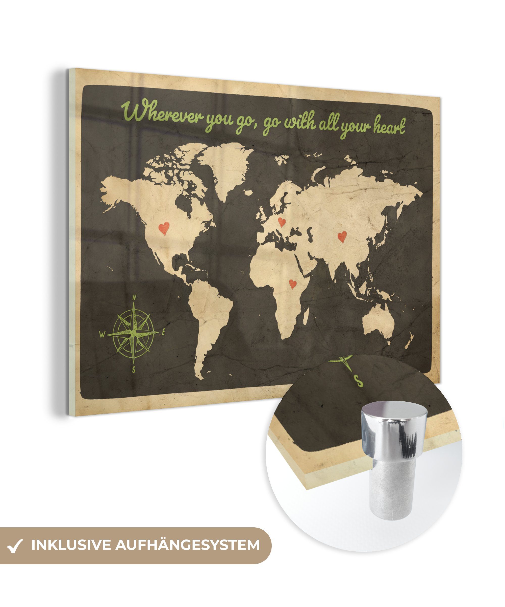 MuchoWow Acrylglasbild Weltkarte - Zitat - Kompassrose, (1 St), Glasbilder - Bilder auf Glas Wandbild - Foto auf Glas - Wanddekoration | Bilder