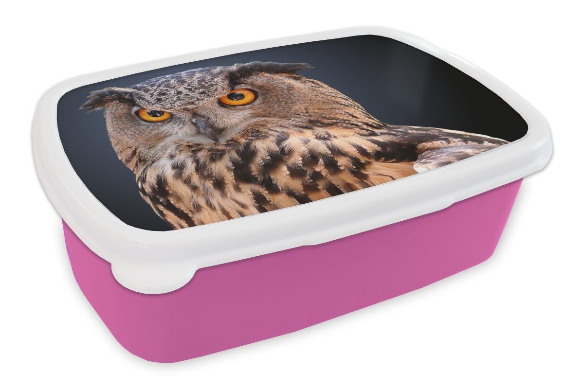 MuchoWow Lunchbox Eine Nahaufnahme einer braunen Eule, Kunststoff, (2-tlg), Brotbox für Erwachsene, Brotdose Kinder, Snackbox, Mädchen, Kunststoff rosa