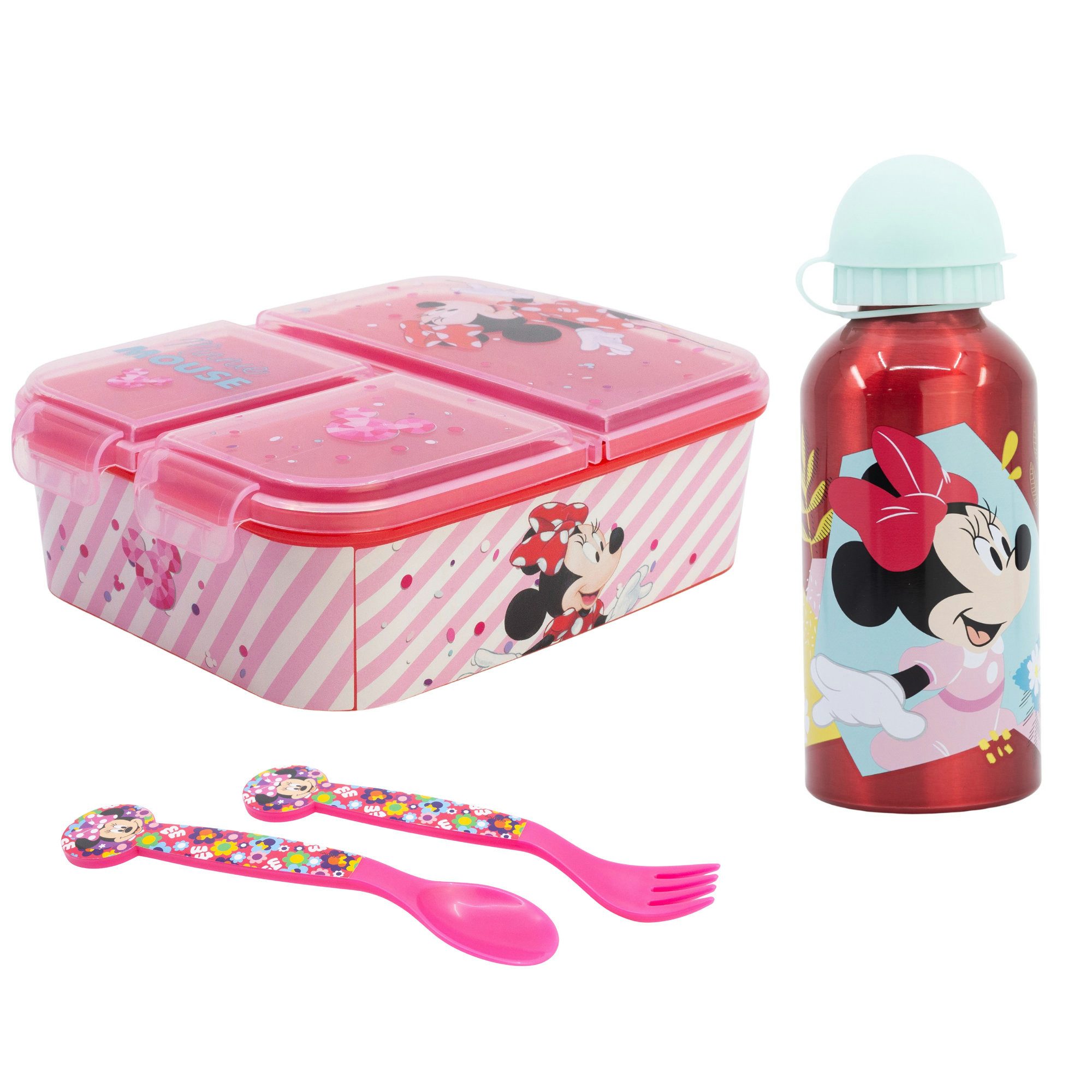 Disney Lunchbox Disney Minnie Maus 4 teiliges Lunch Set, Kunststoff Alu, (4-tlg), Brotdose Alu-Trinkflasche - Löffel Gabel