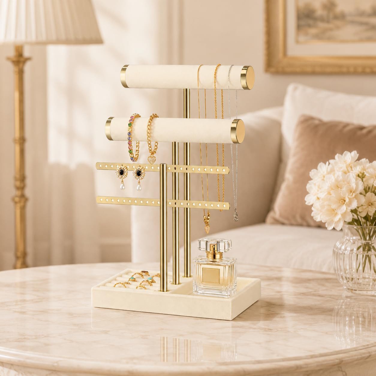 SURFOU Schmuckständer Schmuck Organizer mit 3 Ebenen – Samt-Armbandständer mit T-Steg (5-in-1 Schmuckpräsentation mit Samtstangen, Ringablage & Fach – Ideal für – Bild 3 von 5