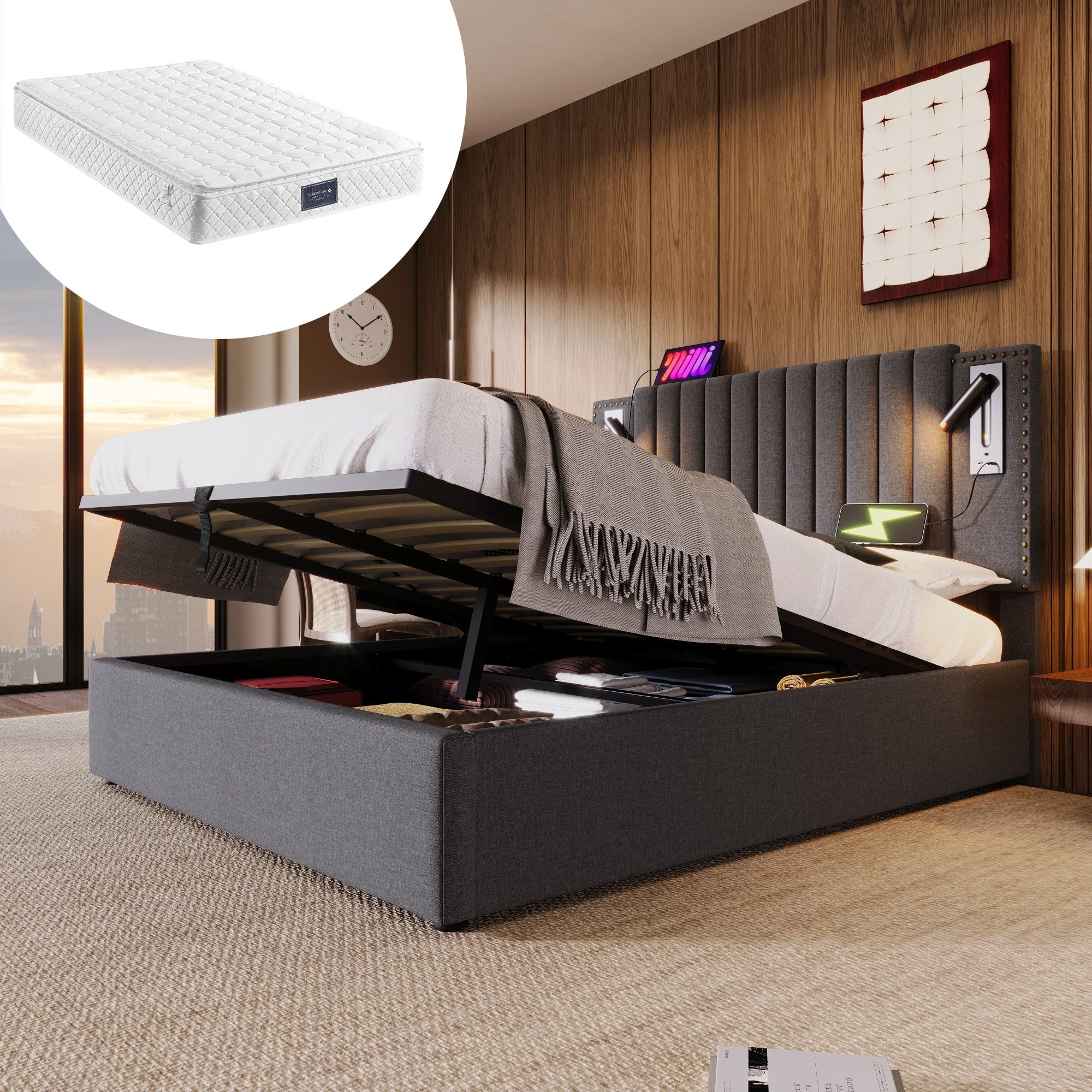 HAUSS SPOLE Polsterbett 160x200 Leselicht mit USB Ladefunktion Kopfteil, Gr günstig online kaufen