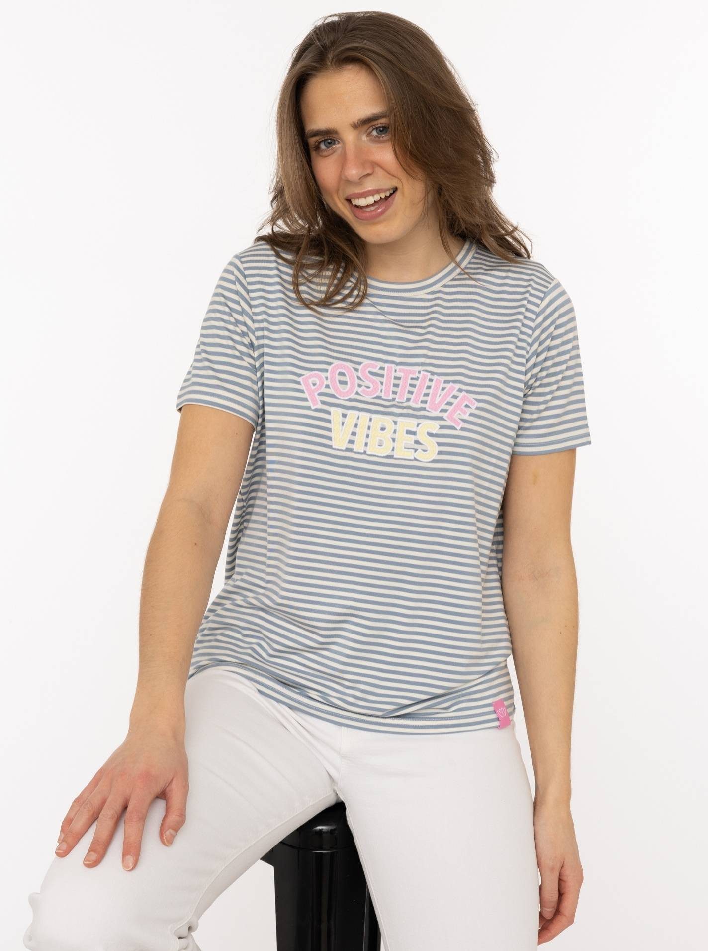 Zwillingsherz T-Shirt "Positive Vibes" gestickter Statement Schriftzug, Rundhals