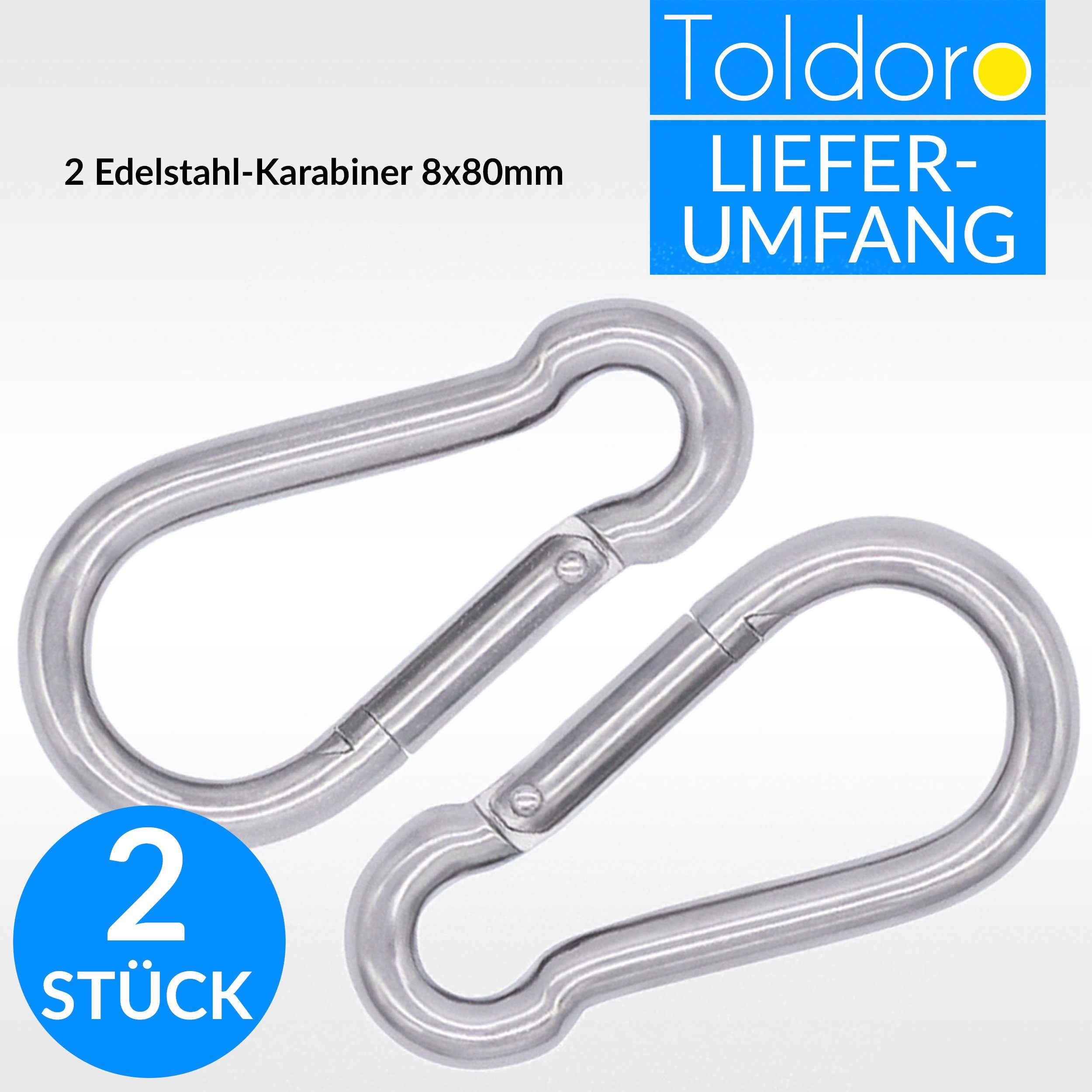 Toldoro Karabiner 2x V4A 2x Karabiner V4A Schnapphaken 80mm Karabiner Karabinerhaken Edelstahl Feuerwehrkarabiner (2 Schnapphaken St), Feuerwehrkarabiner, 80mm Karabinerhaken Edelstahl